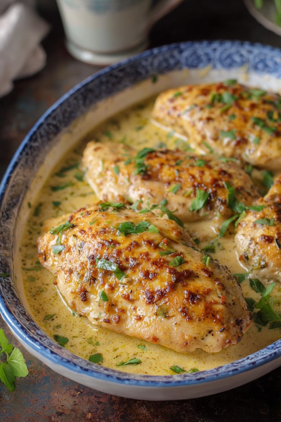 The image shows a close-up of three cooked chicken pieces in a white oval dish with blue patterns along the rim. Each chicken piece is a golden brown color with a slightly crispy, textured surface. The chicken is covered in a light yellow creamy sauce that pools around the base of the meat. Small green herb pieces are sprinkled on top and around the chicken, adding a fresh contrast. The dish sits on a dark brown surface with hints of a white marbled texture visible in the blurred background. Photo taken with an iphone --ar 2:3 --v 7