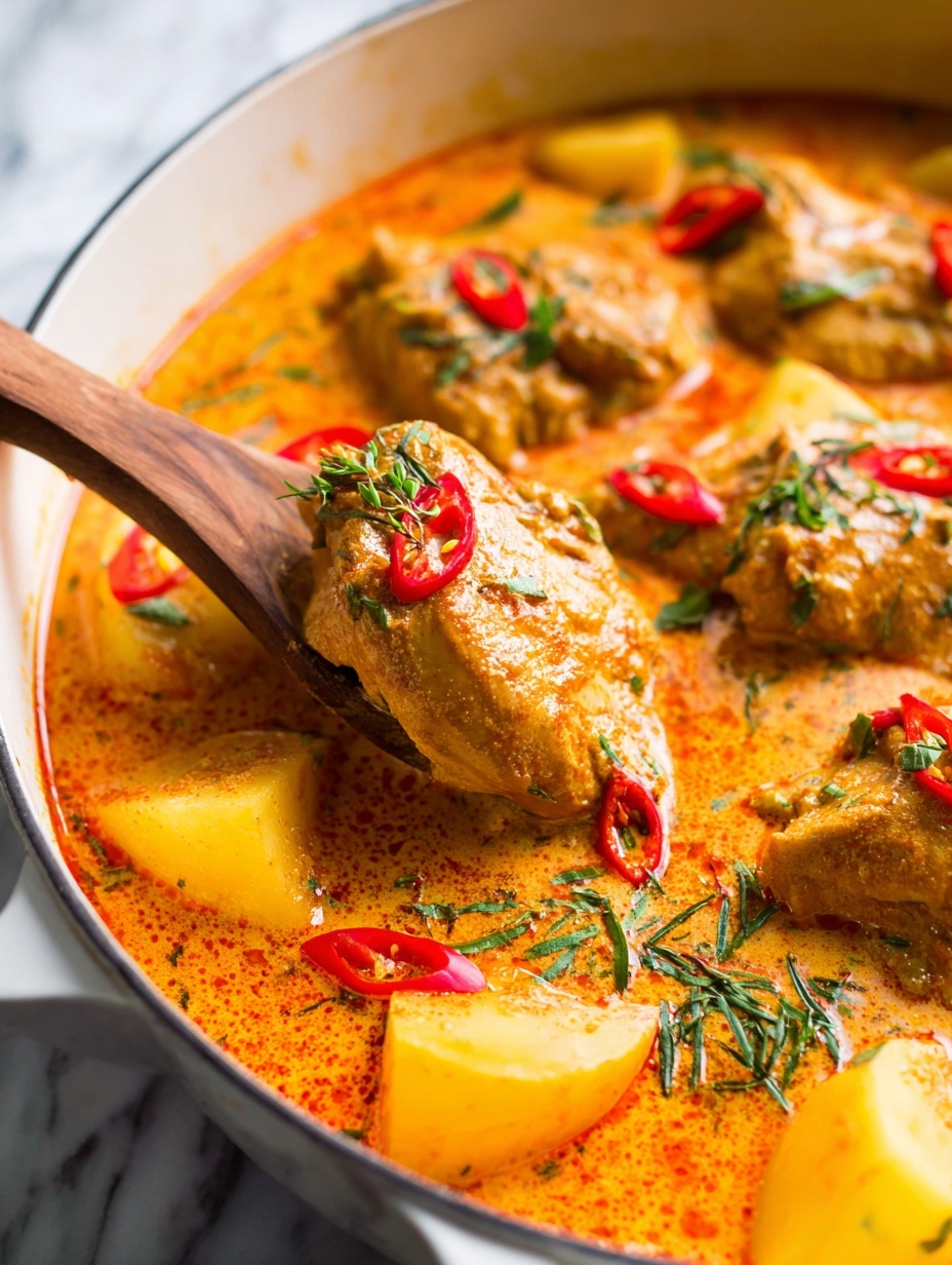 In a white bowl, there are two main layers: on the left side, a thick orange curry with pieces of cooked chicken, red bell pepper slices, and green herbs mixed throughout, giving the sauce a rich and textured look; on the right side, steamed white rice topped with a fresh green cilantro sprig, creating a clear contrast with the creamy curry. The bowl is placed on a red textured fabric on a white marbled surface, with some green cilantro leaves lying beside it. photo taken with an iphone --ar 2:3 --v 7