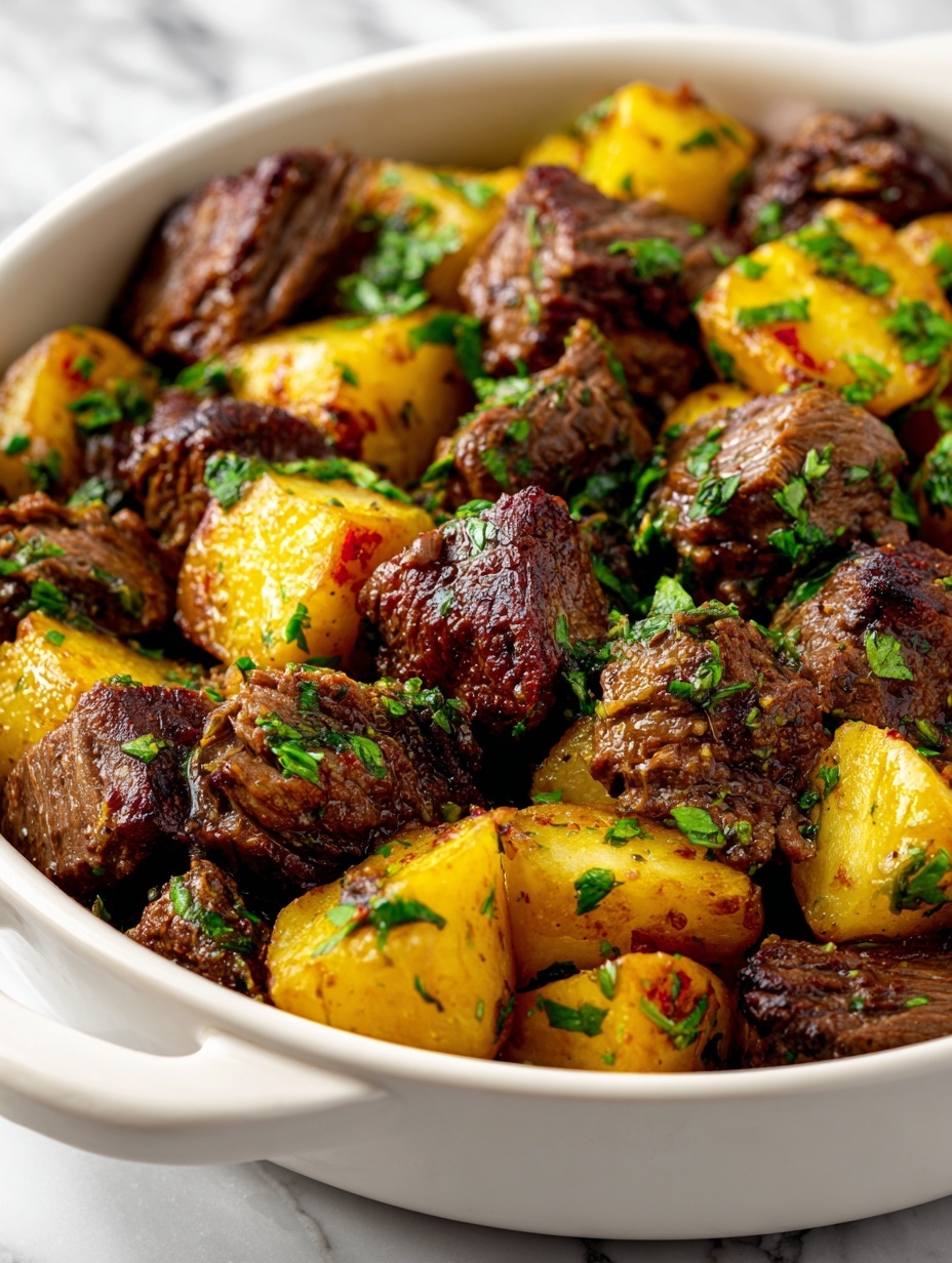 The dish is served in a deep white plate, starting with a base layer of smooth, creamy mashed potatoes that are pale yellow with a soft texture, forming a circular bed. On top, there are several pieces of dark brown, seared meat chunks arranged in the center. These are garnished with a drizzle of green herb sauce with visible small chopped herbs and a light sprinkling of grated white cheese over the meat. The plate sits on a white marbled surface, with fresh green parsley, two garlic bulbs, and a glass butter dish lightly blurred in the background. Photo taken with an iphone --ar 2:3 --v 7