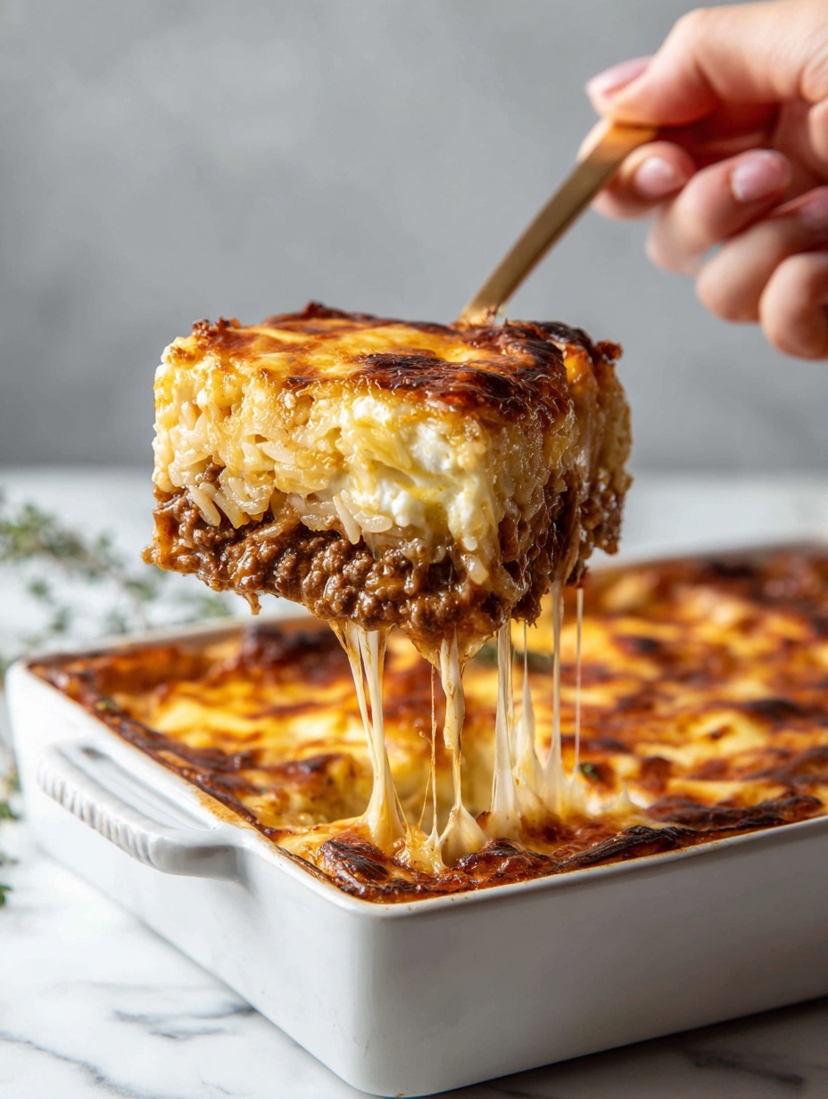 A white rectangular dish filled with a baked layered casserole showing two main layers: the bottom layer is a brown minced meat mix and the top layer is melted golden cheese with some browned spots, slightly bubbling. A woman’s hand is holding a fork lifting a portion from the dish, revealing gooey melted cheese stretching from the dish to the fork. The dish is placed on a white marbled surface with a gray cloth nearby. Photo taken with an iphone --ar 2:3 --v 7