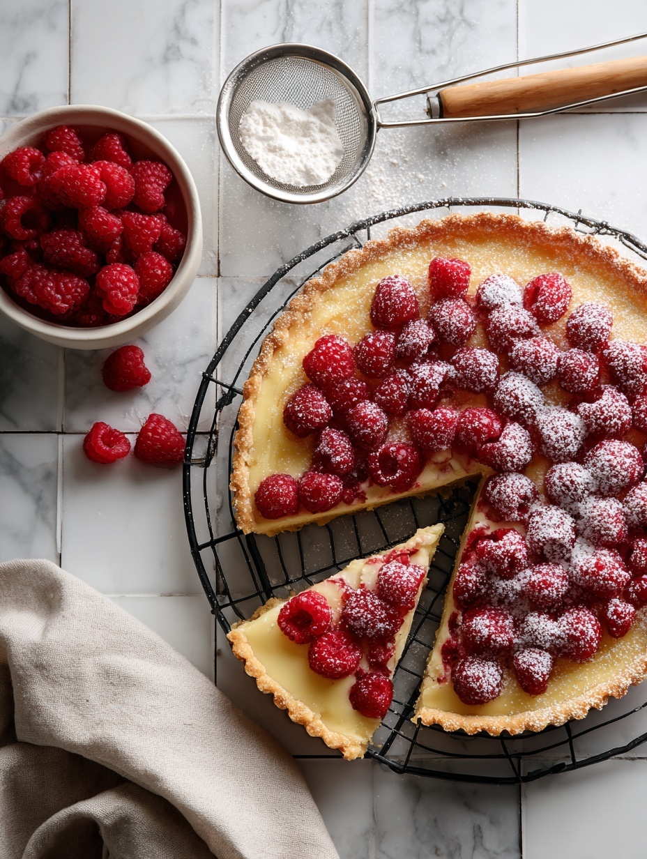 A round tart with a golden brown crust sits on a black wire cooling rack with looped edges, placed on a white marbled surface with large tile patterns. The tart is filled with a smooth, light yellow layer and topped with a thick layer of fresh, bright red raspberries, dusted lightly with white powdered sugar. One slice is removed from the tart and set on a white plate with a scalloped beige rim and speckled design, while another slice is on a matching plate nearby. Fresh raspberries are scattered around the scene, including a small white bowl filled with them in the upper right corner. A small fine-mesh sieve with a wooden handle rests on the bottom left, next to a folded beige cloth. Photo taken with an iphone --ar 2:3 --v 7