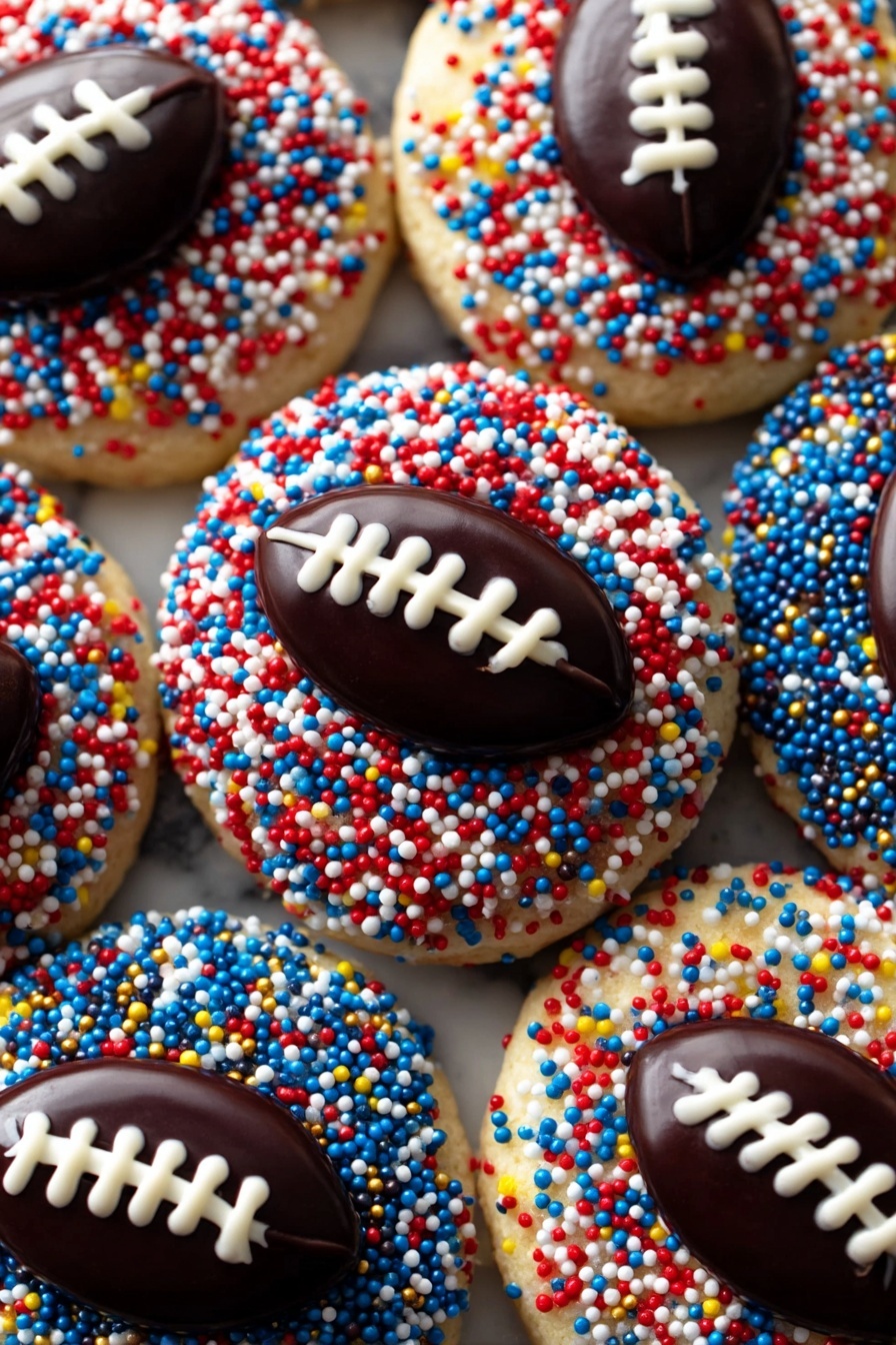 The image shows round cookies with three layers: a base layer of a light-colored cookie covered in small, round sprinkles in red, blue, and white on some cookies, and yellow, blue, and white on others; on top of the cookie sits a dark brown chocolate piece shaped like a football, with white icing forming laces in the center. The cookies are arranged closely together on a white marbled surface with a soft focus background, highlighting the texture of the sprinkles and the smooth shine of the chocolate footballs. photo taken with an iphone --ar 2:3 --v 7