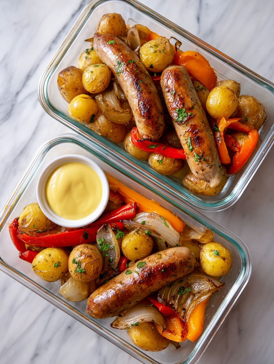 A white rectangular baking dish with two handles holds three layers: at the bottom, light yellow cooked potato slices spread evenly, the middle layer has chunks of light brown cooked meat, and the top layer is a mix of bright red and green bell pepper slices arranged loosely with white onion wedges showing some char marks. A woman's hand is pouring a clear yellow liquid from a transparent measuring cup over the layers. The dish rests on a white marbled surface with three small glass bowls in front, containing green herbs, black pepper, and white salt, and an additional measuring cup filled with the yellow liquid on the side. Photo taken with an iphone --ar 2:3 --v 7
