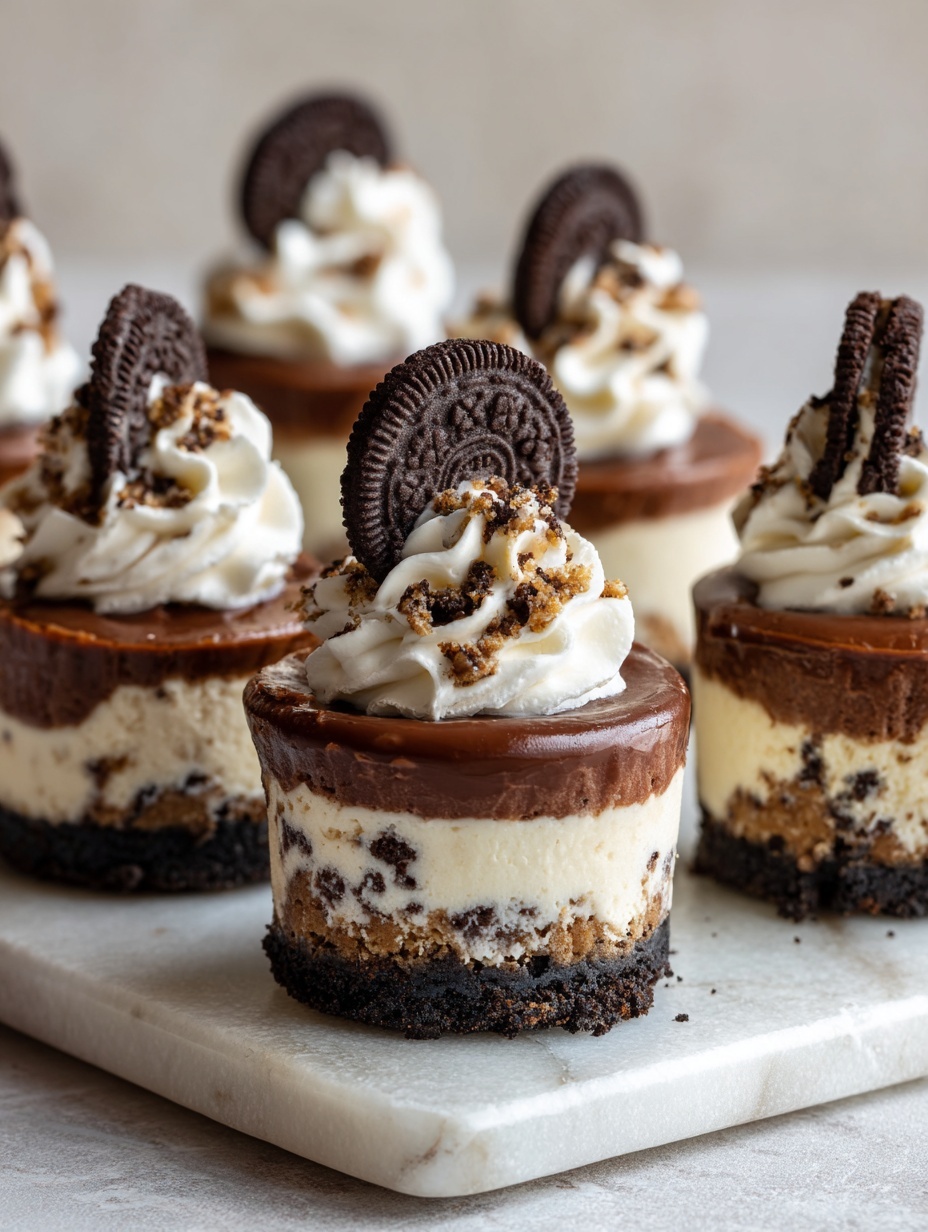 There are six small round cookies and cream cheesecakes arranged in two rows on a white marbled surface. Each cheesecake has three layers: a dark chocolate crumb base, a thick white creamy middle layer with small dark cookie pieces mixed in, and a glossy dark chocolate layer on top. On the top layer, there is a swirl of white whipped cream with cookie crumbs sprinkled over it and a small whole chocolate cookie placed vertically at the center of each swirl. The cheesecakes are sitting on a textured dark stone slab and the background is a soft, light gray. photo taken with an iphone --ar 2:3 --v 7