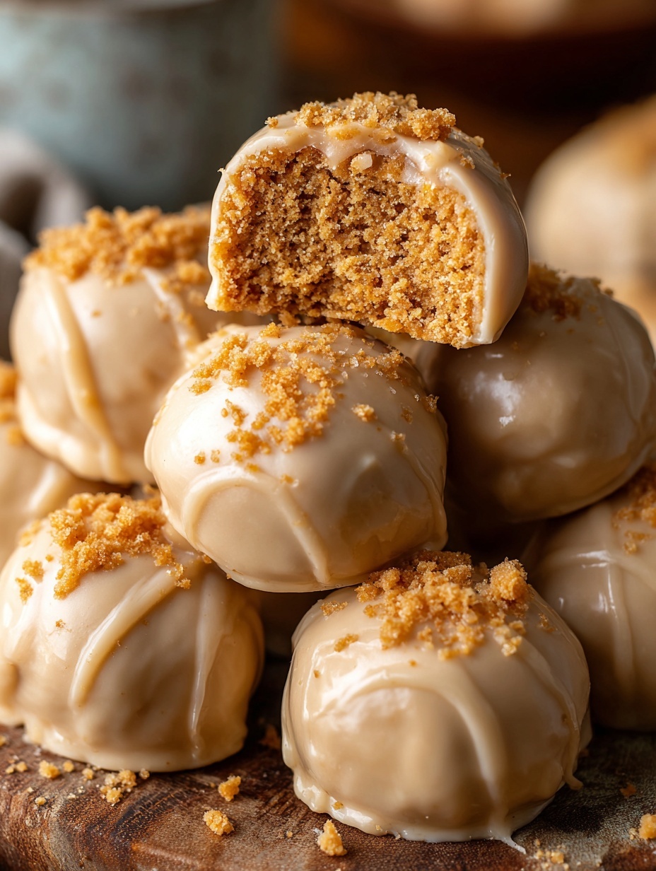 The image shows a close-up view of several round balls stacked together, each coated in a smooth, shiny caramel-colored layer with small crumb-like bits on the surface. The top ball is partially eaten, revealing a dense, grainy inner texture that is light brown and slightly crumbly. The balls are piled on each other, with varying focus creating a soft blur effect on the background balls, all placed on a white marbled surface. The lighting highlights the glossy texture of the caramel coating and the rough crumbly inside, giving a rich and inviting look. Photo taken with an iphone --ar 2:3 --v 7