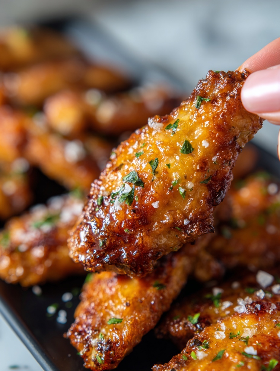 A close-up view of a golden-brown fried chicken wing held by a woman's hand showing the detailed crispy texture with visible specks of seasoning and a light drizzle of melted butter or sauce. Behind it, a black tray holds many more chicken wings, all coated evenly with the same crispy coating and seasoning. The colors are warm and inviting with the chicken wings having an orange-gold crust and hints of green herbs sprinkled on top. The background is softly blurred to keep the focus on the wing in the foreground. photo taken with an iphone --ar 2:3 --v 7