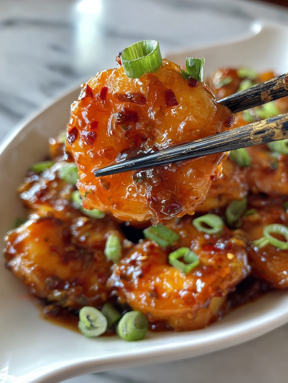 A close-up view of a white plate with a blue pattern at the bottom holding a pile of small shrimp coated in a shiny, thick orange sauce. On top of the shrimp are bright green chopped scallions, which add a fresh look. A pair of black chopsticks is holding one shrimp in the center of the image, highlighting the texture of the sauce and the shrimp. The background shows a white marbled surface with a blurred green bowl in the corner. photo taken with an iphone --ar 2:3 --v 7