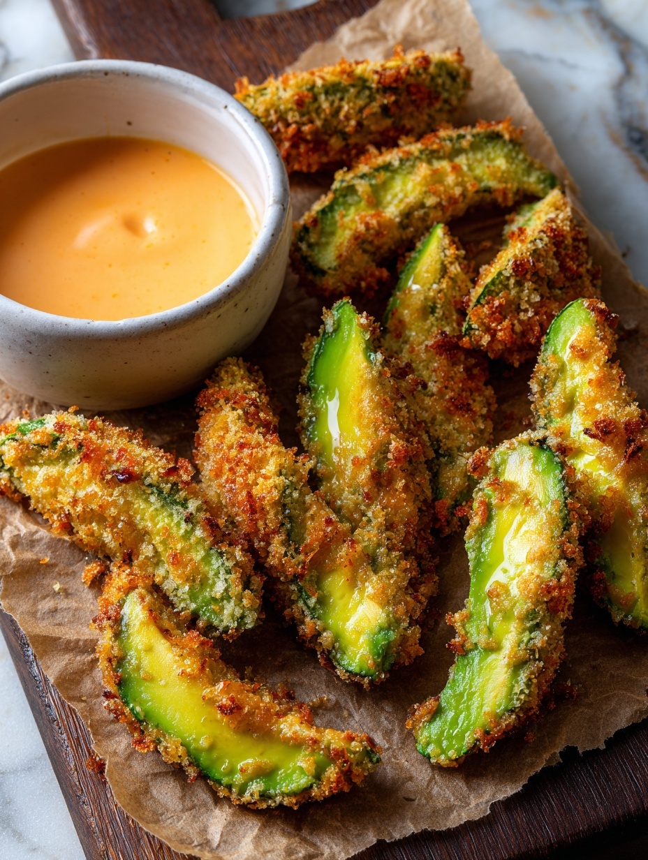 The image shows several pieces of breaded avocado slices arranged on a piece of parchment paper over a dark surface, with a small white bowl of creamy light orange dipping sauce on the left side. Each avocado slice has a crispy golden-brown crust on the outside, revealing the bright green avocado inside. The texture of the crust looks crunchy with an uneven, crumbly coating. The avocado slices are curved and laid in a loose, scattered pattern. The lower right corner shows a partial piece of dried red chili. The photo has a close-up, detailed view with warm natural lighting. Photo taken with an iphone --ar 2:3 --v 7