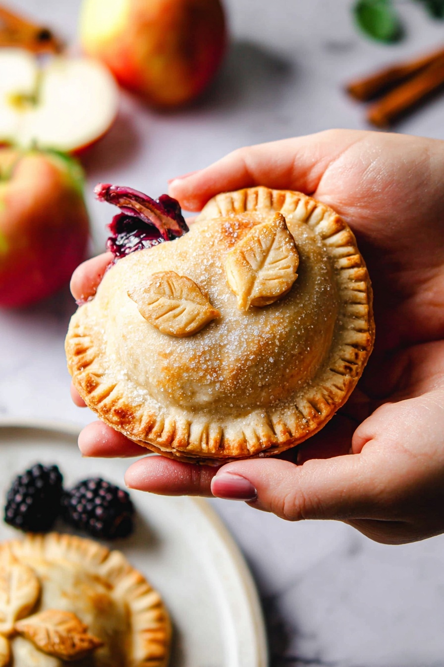 A woman's hand holds a small pie shaped like an apple with two decorative pastry leaves on top, showing a golden brown crust dusted lightly with sugar. There is a small dark red filling leak near the top left side of the pie. The pie has a detailed crimped edge around it and a light texture with small cracks visible on the surface. Behind the hand, more pies rest on a white plate, all with the same apple shape and golden tone. The background features a white marbled surface with a blurred green apple, a blackberry, and two cinnamon sticks nearby. photo taken with an iphone --ar 2:3 --v 7