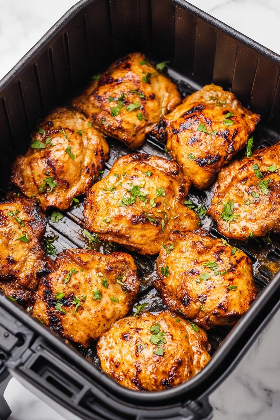 Inside a black air fryer basket, there are eight cooked chicken thighs with a golden-brown, slightly crispy surface. The chicken pieces are scattered evenly, showing some darker charred spots and glistening oil. Small green cilantro leaves are sprinkled on top, adding a fresh touch. The edges of the air fryer basket have grooves and ridges, and the background is a white marbled texture. photo taken with an iphone --ar 2:3 --v 7