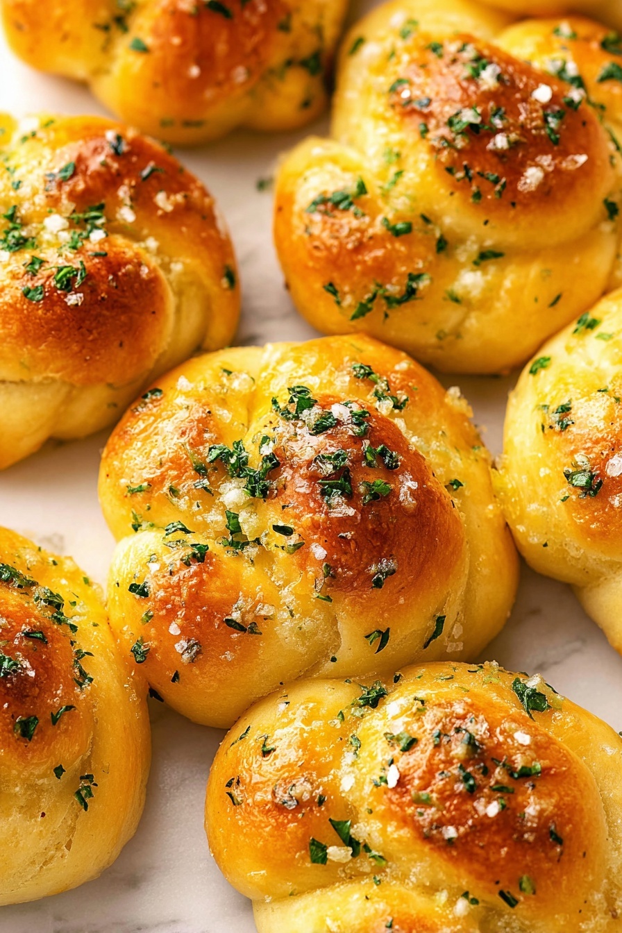 The image shows several golden brown garlic knots closely placed on a white marbled surface. Each knot has a twisted, round shape with a soft, shiny texture on top. The knots are sprinkled with small green bits of parsley and coarse salt crystals, giving a fresh and slightly rough appearance on the surface. The layers of dough are visible in some knots, showing slight puffiness and gentle browning on the edges. photo taken with an iphone --ar 2:3 --v 7