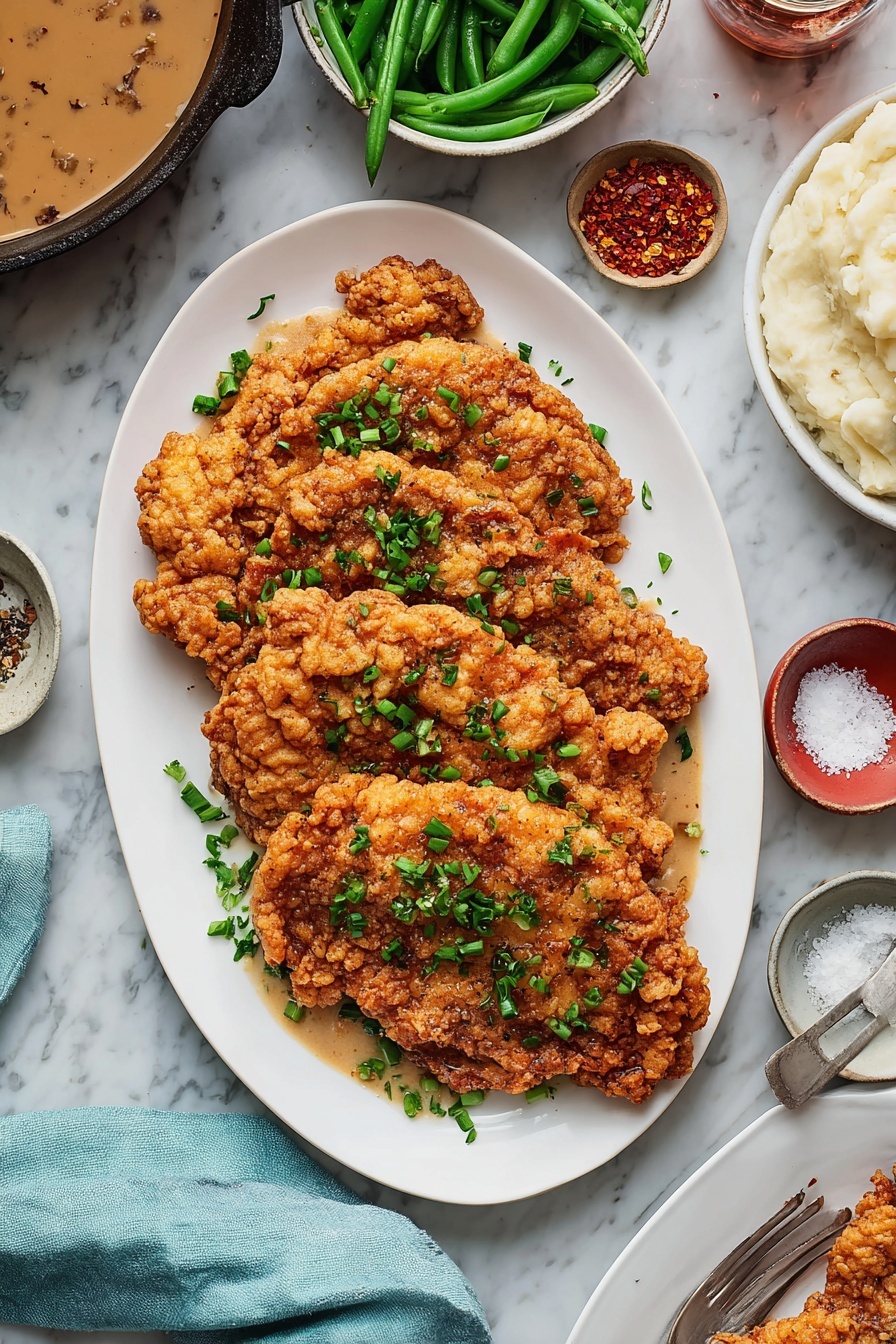 A white oval plate holds three pieces of fried meat with a golden brown and crispy battered texture, sprinkled with chopped green herbs on top. Around the plate, there are small bowls with coarse salt, cracked black pepper, chopped green herbs, green beans, and a bowl of white rice. To the left, a cast iron skillet contains a creamy white gravy with a few visible black specks. The dishes and bowls rest on a white marbled surface with a soft green cloth napkin in the lower corner. Photo taken with an iphone --ar 2:3 --v 7