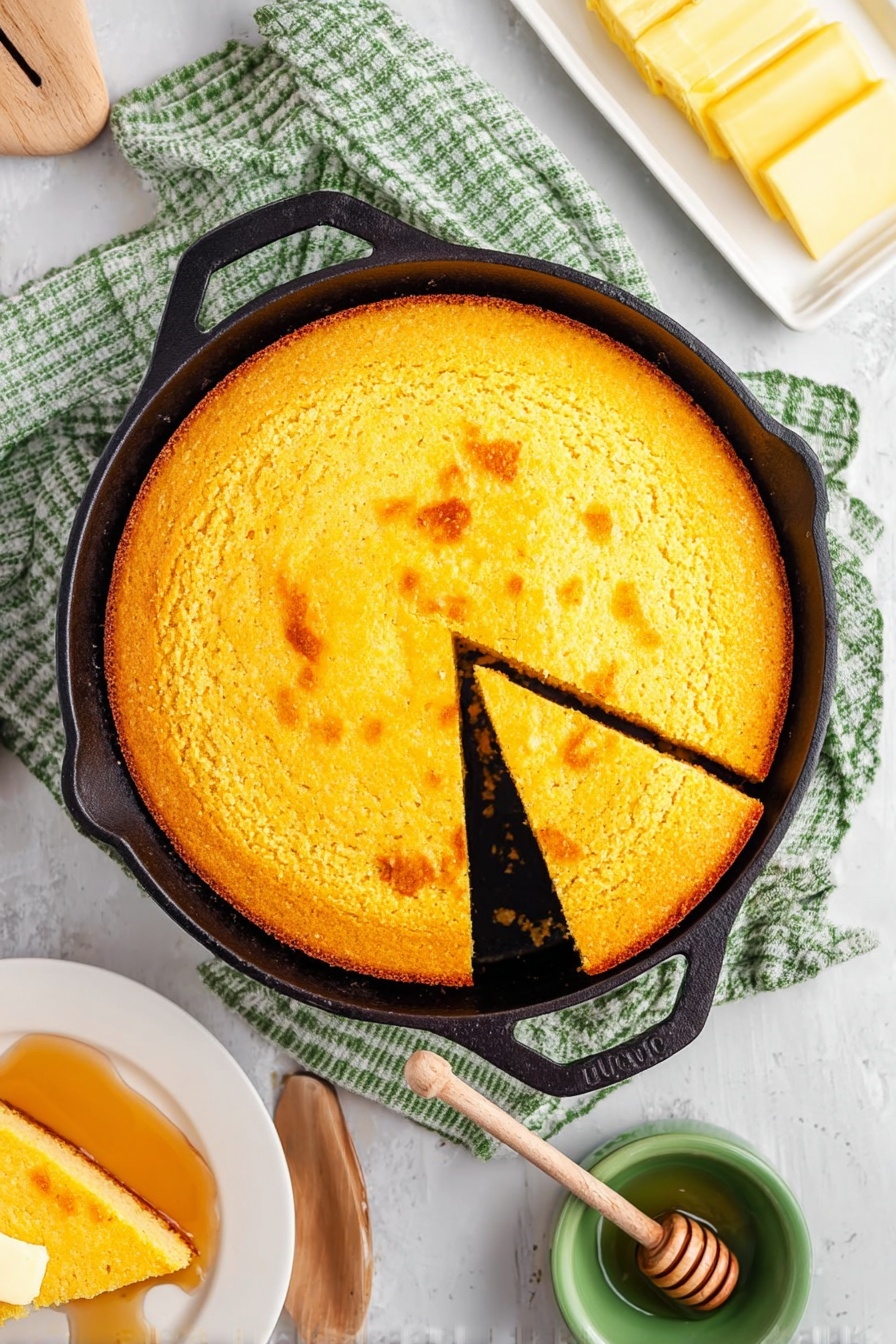 A round cornbread with a golden-yellow top and slightly crispy edges sits in a black cast iron skillet, with one triangular slice removed. The cornbread looks thick and moist inside, with a smooth top that has a few browned spots. Next to the skillet, there is a white plate holding the removed slice topped with a pat of melting butter. Nearby, a small white rectangular dish holds several slices of yellow butter. A green checkered cloth is casually placed near the skillet, and a small green cup with a honey dipper rests on the surface with honey dripping from it. All objects are placed on a white marbled surface photo taken with an iphone --ar 2:3 --v 7
