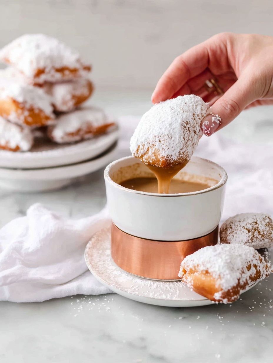 A woman's hand is holding a square-shaped pastry covered in white powdered sugar dipping into a white cup with a light brown bottom section filled with coffee or espresso. The cup sits on a white plate with three other powdered sugar-dusted pastries resting beside it. In the background, a white plate piled with more pastries and a white cloth are placed on a white marbled surface. The scene has soft lighting and a clean look. photo taken with an iphone --ar 2:3 --v 7