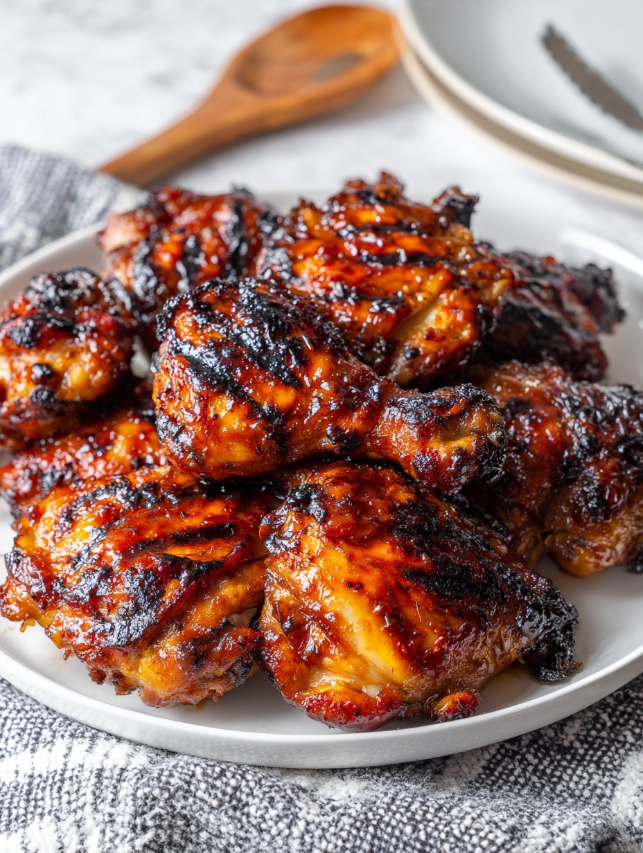 A white round plate is filled with several pieces of grilled chicken, each piece covered in a shiny dark brown sauce with visible grill marks and some charred edges, giving a rich, glossy texture. Next to it, a white bowl is filled with creamy macaroni salad, showing small elbow pasta coated in a pale off-white dressing with bits of orange and light green garnishes sprinkled on top. The plate and bowl rest on a black and white patterned cloth, placed on a white marbled surface. A wooden spoon with a dark brown handle lies above the plates, and a fork with a clear handle is visible on the left side of the plate, near an empty white plate. photo taken with an iphone --ar 2:3 --v 7