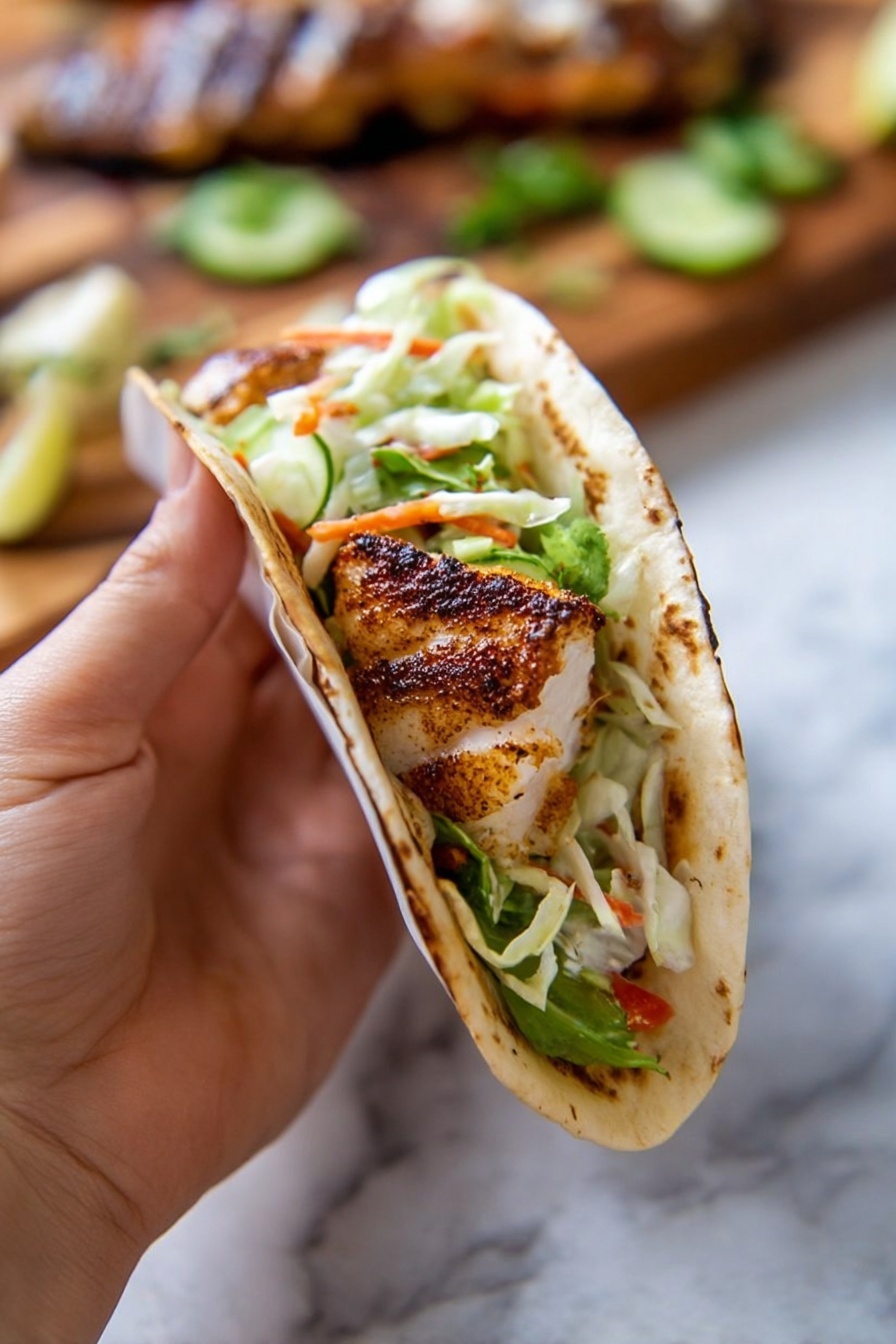 A woman's hand is holding a soft tortilla taco filled with layers of food. The bottom layer inside the taco has a piece of grilled fish, which is golden brown with some dark grill marks. Above the fish, there are slices of green cucumber, adding a fresh and light green color. The next layer has a mix of thin shredded white cabbage and orange carrot strands, which look fresh and crunchy. The inner side of the tortilla is light cream with some brown spots where it is grilled. The background shows a wooden board with more grilled food out of focus on a white marbled surface. photo taken with an iphone --ar 2:3 --v 7