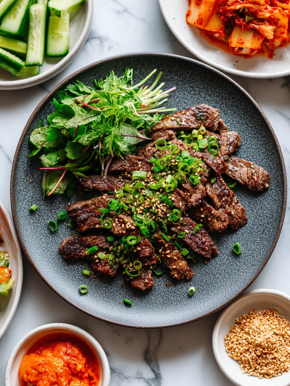 A large round black plate holds a pile of grilled, brown meat slices scattered with light toasted sesame seeds and green chopped scallions. On the left side of the plate, there are bright green leafy herbs and several thin, long cucumber sticks arranged in a small bundle. Surrounding the plate on a white marbled table are small white bowls with reddish-orange kimchi, a dark red chili sauce with seeds floating in it, a pale orange chunky paste, and a bowl of light beige sesame seeds. The photo was taken with an iphone --ar 2:3 --v 7