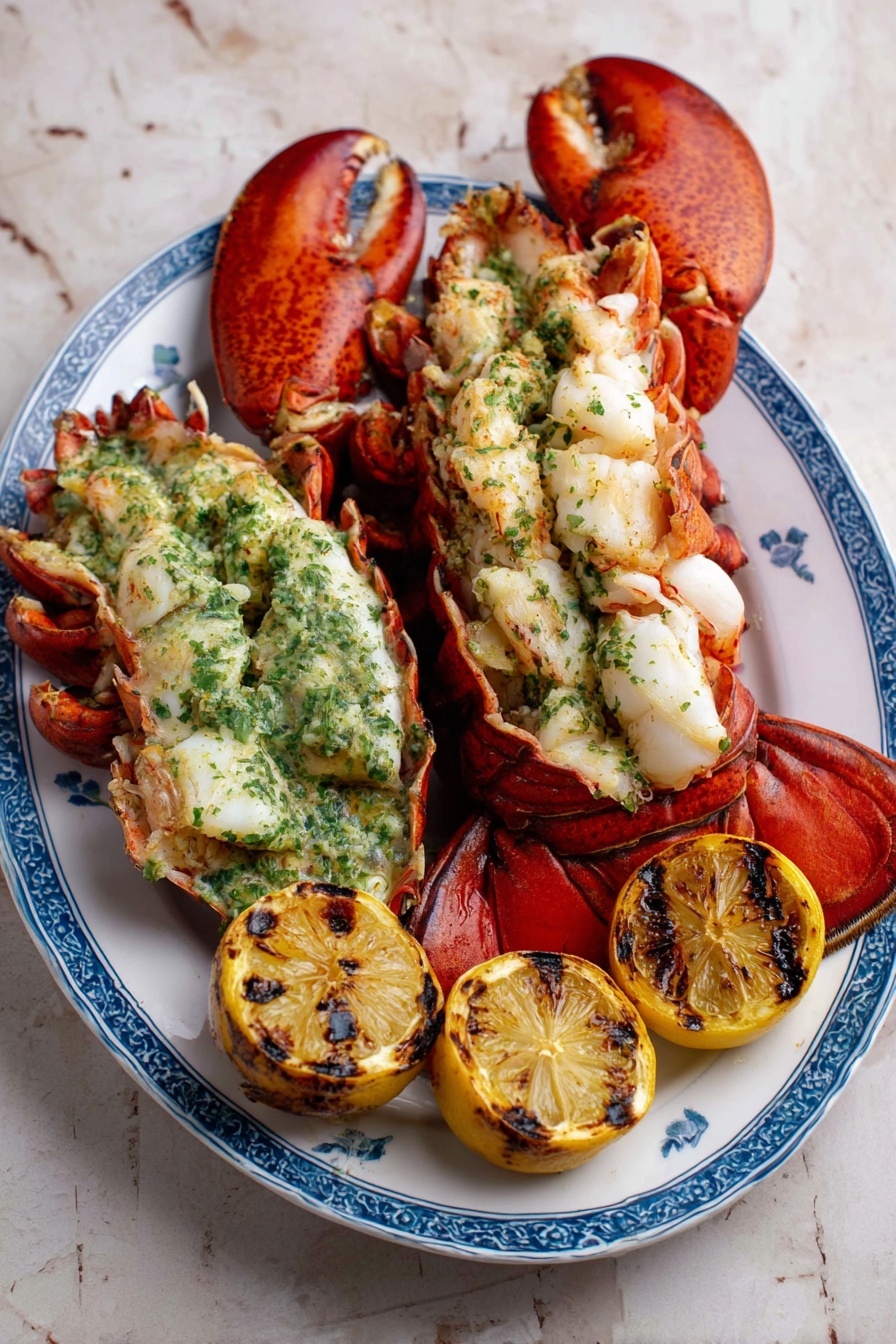 The image shows a white plate with several pieces of cooked lobster meat, seasoned with green herbs and slight golden-brown grilling marks, placed in the front and center. Behind it, on a white plate with a blue rim, there is a lobster shell split in half with more lobster meat inside and some herb sauce on top along with a grilled lemon half on the side. The scene is set on a white marbled surface, highlighting the vibrant red of the lobster shell and the tender white lobster meat. photo taken with an iphone --ar 2:3 --v 7