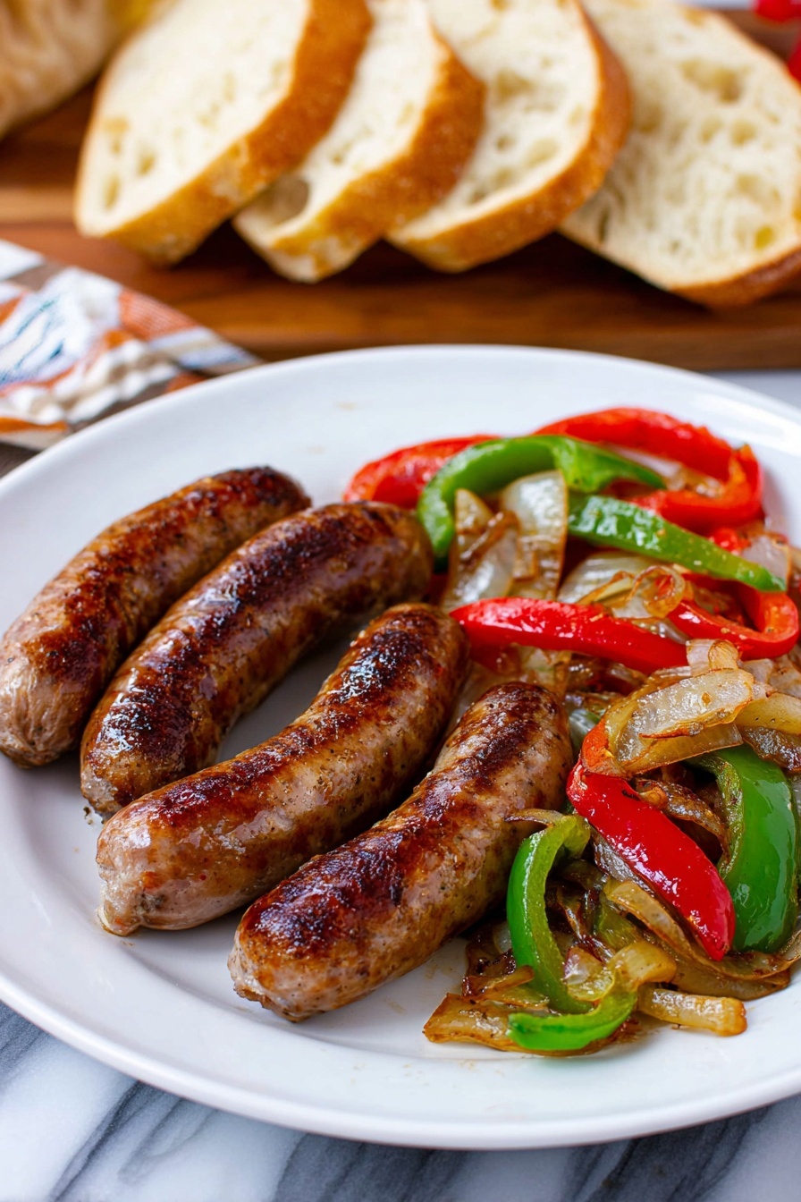 The image shows a white plate with five browned sausages placed in a loose cluster on the left side. On the right side of the plate, there is a colorful mix of cooked bell pepper strips in green and red, along with sautéed onion slices. The vegetables have a light char and a mixed texture of soft and slightly crispy. Behind the plate, there are pieces of crusty bread with a golden-brown crust resting on a wooden board. The scene is set on a white marbled surface with a blurred background including a small bowl containing red pepper flakes. Photo taken with an iphone --ar 2:3 --v 7