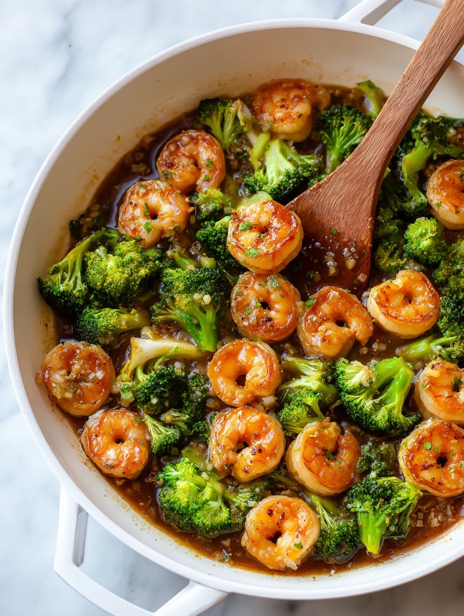 The image shows a close-up of cooked shrimp and broccoli in a bowl, with a wooden spatula stirring them. The shrimp are large, curved, and orange-pink with a shiny, brown sauce coating that gives them a glossy texture. The broccoli florets are bright green, firm, and sprinkled with little bits of seasoning. The layers alternate between plump shrimp and vibrant broccoli, all sitting inside a white bowl on a white marbled surface. The wooden spatula adds a natural beige color and smooth texture to the scene. Photo taken with an iphone --ar 2:3 --v 7