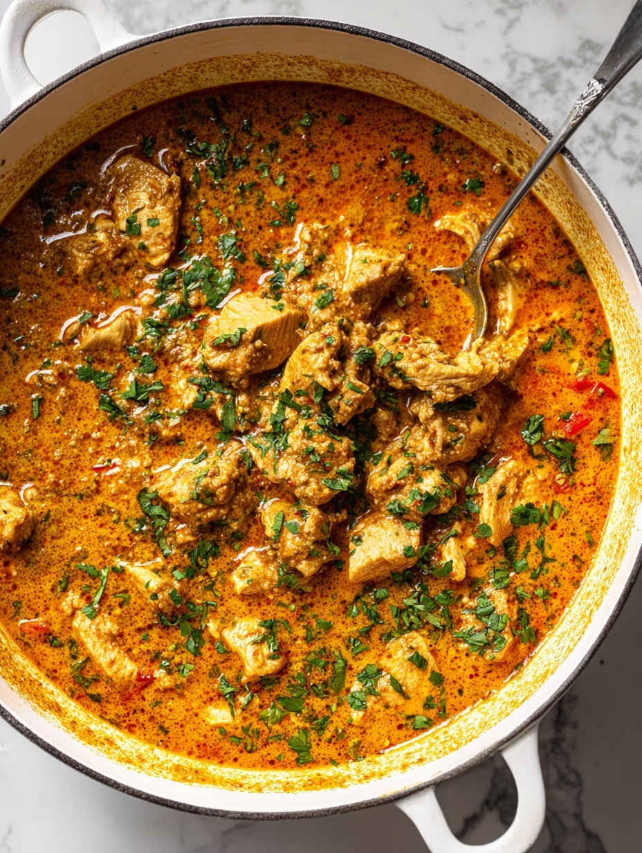 The image shows a white plate filled with a layer of cooked white rice, soft and fluffy in texture. On top of the rice, there is a thick layer of yellow-orange creamy curry sauce with chunks of tender chicken coated in the sauce. The curry is garnished with fresh green cilantro leaves scattered unevenly. A silver fork rests on the edge of the plate. The plate sits on a white marbled surface. photo taken with an iphone --ar 2:3 --v 7