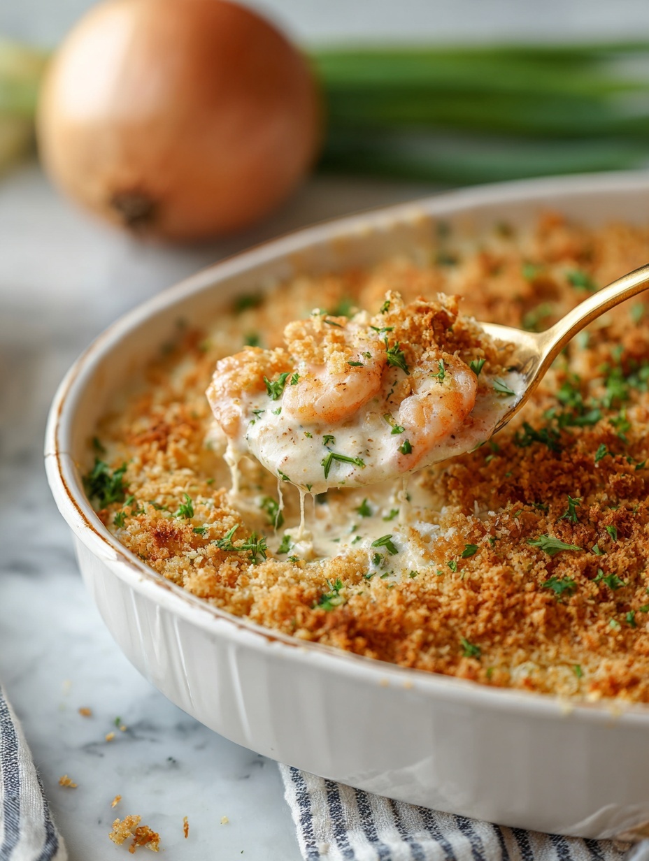 A white pan filled with a creamy shrimp dish topped with a thick layer of golden brown, crunchy breadcrumbs sprinkled with fresh green parsley. A silver spoon scoops out some shrimp and creamy sauce from the right side of the pan, showing the inside, which is light beige with visible pieces of shrimp. The pan rests on a dark wooden table with a white marbled background. In the back, there is a brown onion and a striped gray cloth. photo taken with an iphone --ar 2:3 --v 7