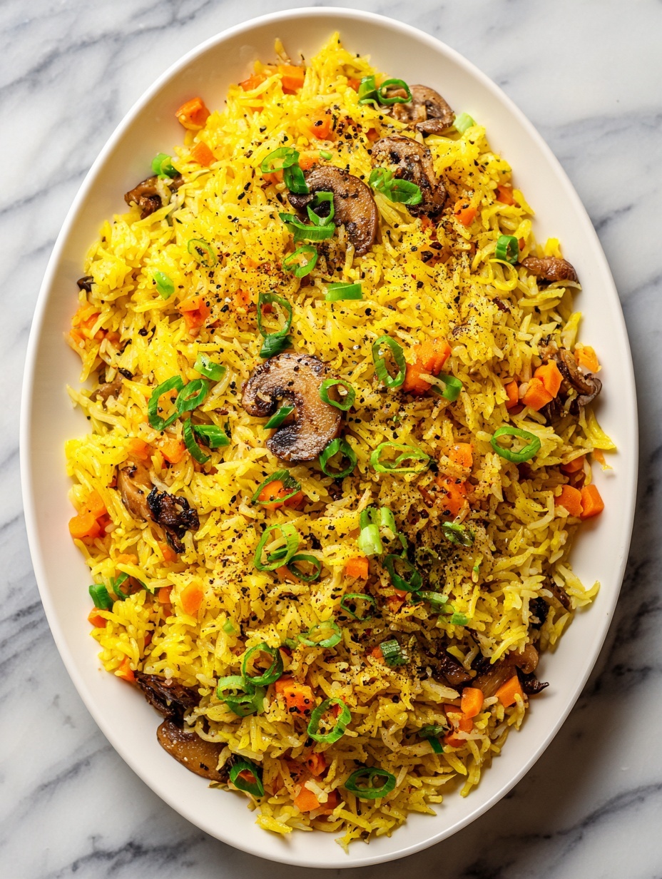 A close-up view of a black pan filled with cooked rice mixed with sliced brown mushrooms, bright green peas, and chopped light green spring onions. The rice grains are fluffy and light beige, scattered evenly throughout the pan, with small bits of yellow scrambled egg pieces adding contrast. The mixture has a fresh look with the green vegetables standing out against the soft texture of the rice, all set on a white marbled surface. photo taken with an iphone --ar 2:3 --v 7