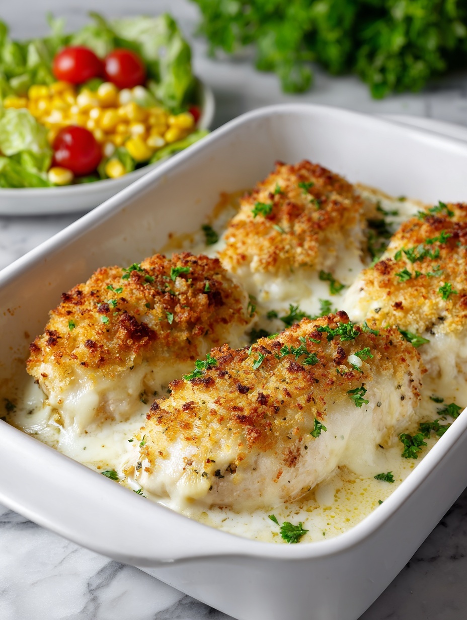 The dish shows three pieces of baked chicken covered in thick melted white cheese, topped with a crumbly golden brown breadcrumb layer and sprinkled with fresh green parsley leaves. Each piece is placed side by side in a white rectangular baking dish, and a silver spoon is lifting one piece, showing the layered texture of the cheese and crispy crumbs. In the background, there is a blurred white bowl with some green vegetables and a cherry tomato on a white marbled surface. Photo taken with an iphone --ar 2:3 --v 7