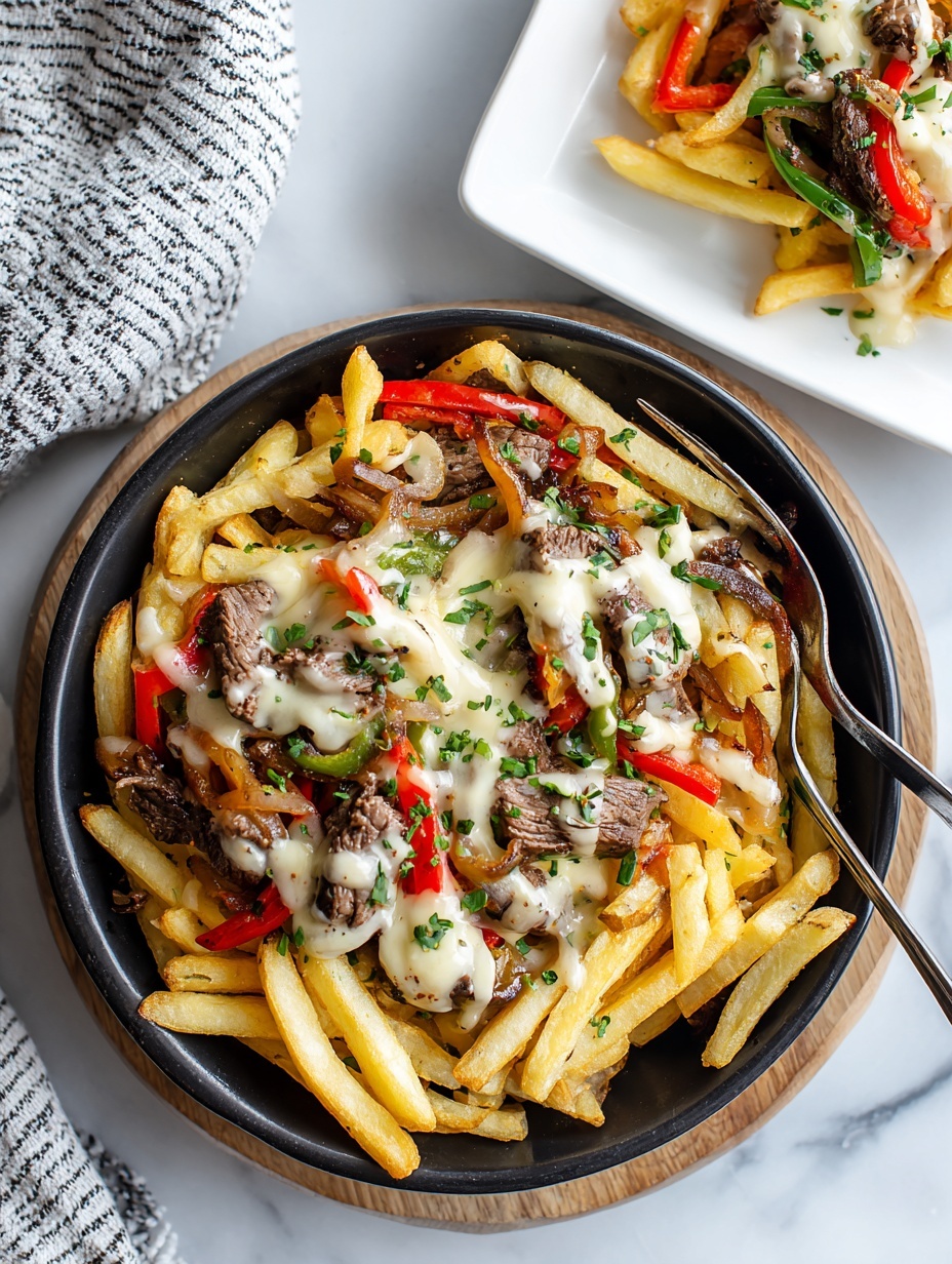 A white square plate and a black cast iron pan on a wooden board both hold layers of food. The bottom layer consists of golden French fries, scattered unevenly. On top of the fries are slices of cooked steak pieces, mixed with grilled red and green bell pepper strips. The entire dish is topped with a creamy white sauce drizzled all over, slightly melting on the fries and meat. A fork is placed inside the pan, and another fork is on the white plate, which is held by a woman's hand at the top edge. The background is a white marbled surface with a striped cloth napkin to the left. Photo taken with an iphone --ar 2:3 --v 7