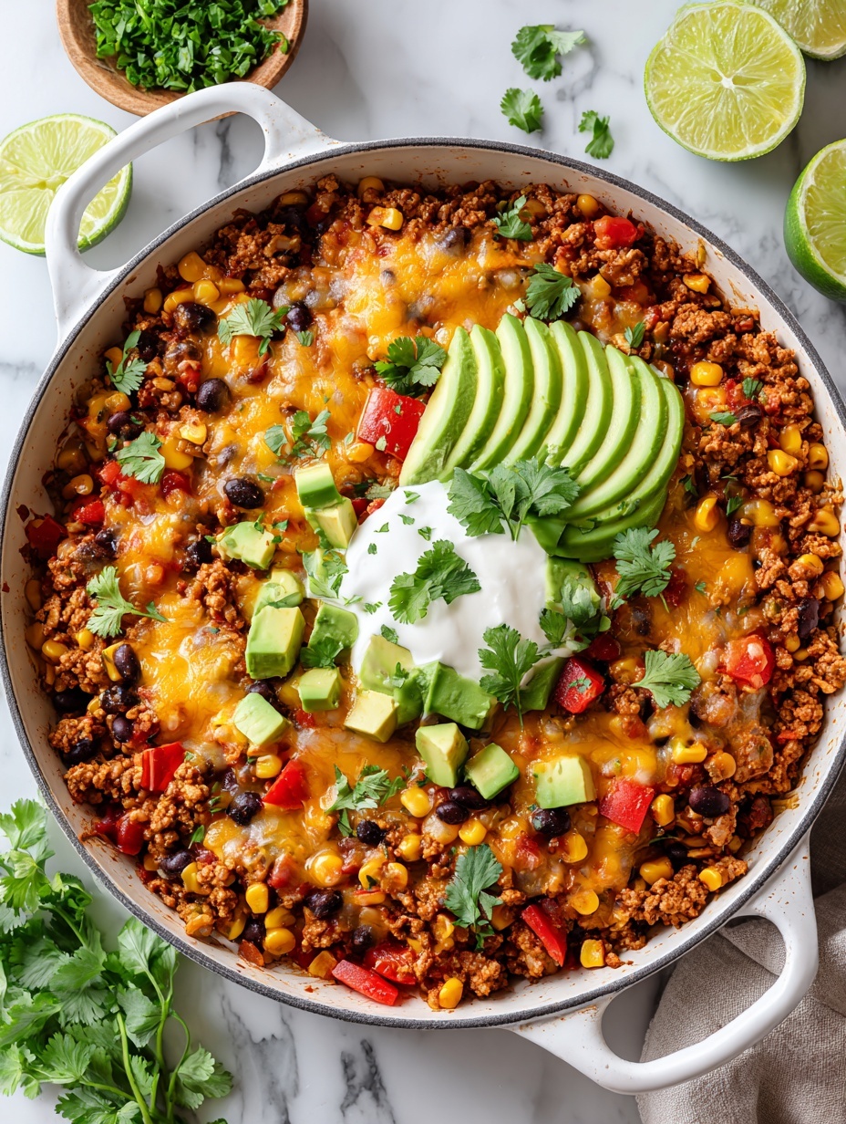 A close-up view of a pan filled with raw ground meat that is starting to brown, showing pink and brown textures mixed together. On top of the meat, a light brown powdery spice is being poured from a clear glass bowl held by a woman's hand. A wooden spoon rests on the side in the pan. The background surface is a white marbled texture. Photo taken with an iphone --ar 2:3 --v 7