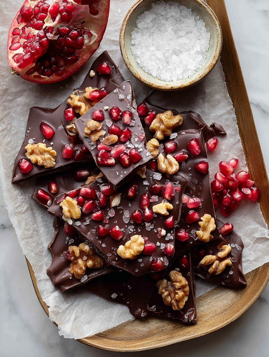A large, flat piece of dark chocolate bark broken into several irregular pieces lies on parchment paper over a textured metal tray. The chocolate is studded evenly with bright red pomegranate seeds and small chunks of light brown walnuts scattered over the entire surface. A small silver bowl filled with flaky white salt is placed in the upper right corner of the metal tray. Part of a white marbled plate with red pomegranate seeds is visible to the left, and a woman's hand holds a piece of pomegranate above the tray in the upper left corner. The background is a white marbled texture photo taken with an iphone --ar 2:3 --v 7