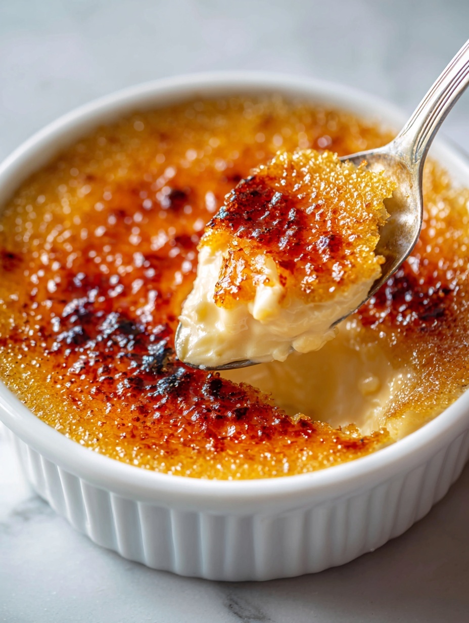 A close-up photo shows a white round dish with a layer of golden caramelized crust on top, which is slightly cracked and bubbly. A spoon lifts a portion of the dessert from the dish, showing two distinct layers: the top crust layer is shiny, thin, and amber-brown with darker burnt spots, while underneath there is a creamy, pale yellow custard layer that looks smooth and soft. The background has a soft white marbled texture. Photo taken with an iphone --ar 2:3 --v 7