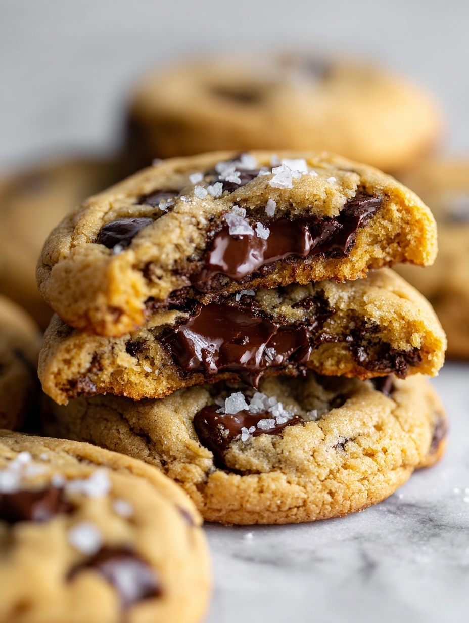 The image shows two soft chocolate chip cookies stacked on a white marbled surface, with the top cookie broken in half to reveal a thick, melted chocolate layer inside. The cookies are golden brown with dark brown and glossy chocolate chips spread evenly on the top and inside. Small flakes of sea salt are scattered on the cookies, adding texture and contrast to the smooth chocolate and crumbly cookie dough. The background is softly blurred, keeping the focus on the rich and warm baked treats. Photo taken with an iphone --ar 2:3 --v 7
