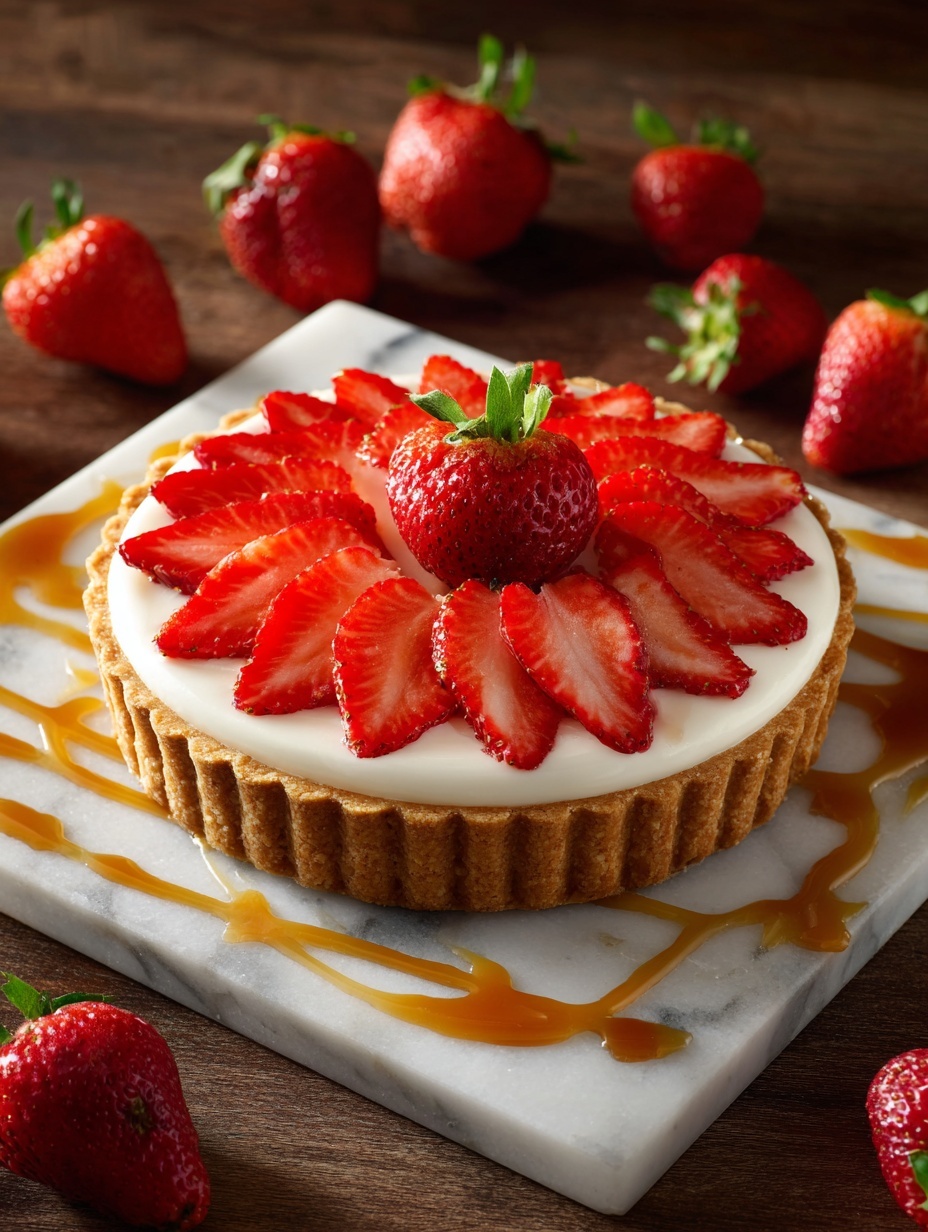 The image shows a tart with three main layers: a light brown crust at the bottom with a slightly rough texture, a thick layer of smooth white cream in the middle, and a top layer of sliced red strawberries arranged in a circular pattern with a whole strawberry in the center. The tart sits on a white square marble plate with caramel sauce swirled around it. The background is a dark wooden surface, and several whole strawberries are scattered around the plate. photo taken with an iphone --ar 2:3 --v 7