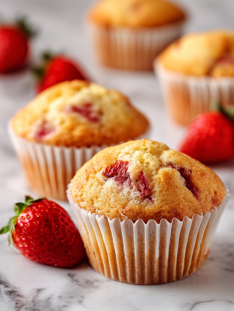 Two black muffin trays hold twelve muffin cups filled with thick batter mixed with pieces of red fruit, likely strawberries. Each cup is lined with white paper liners, and the batter looks creamy and slightly chunky, rising unevenly in each cup. The trays rest on a wooden surface, partially covered by a light cloth with a striped pattern. The image has a cozy, homemade feel. Photo taken with an iphone --ar 2:3 --v 7