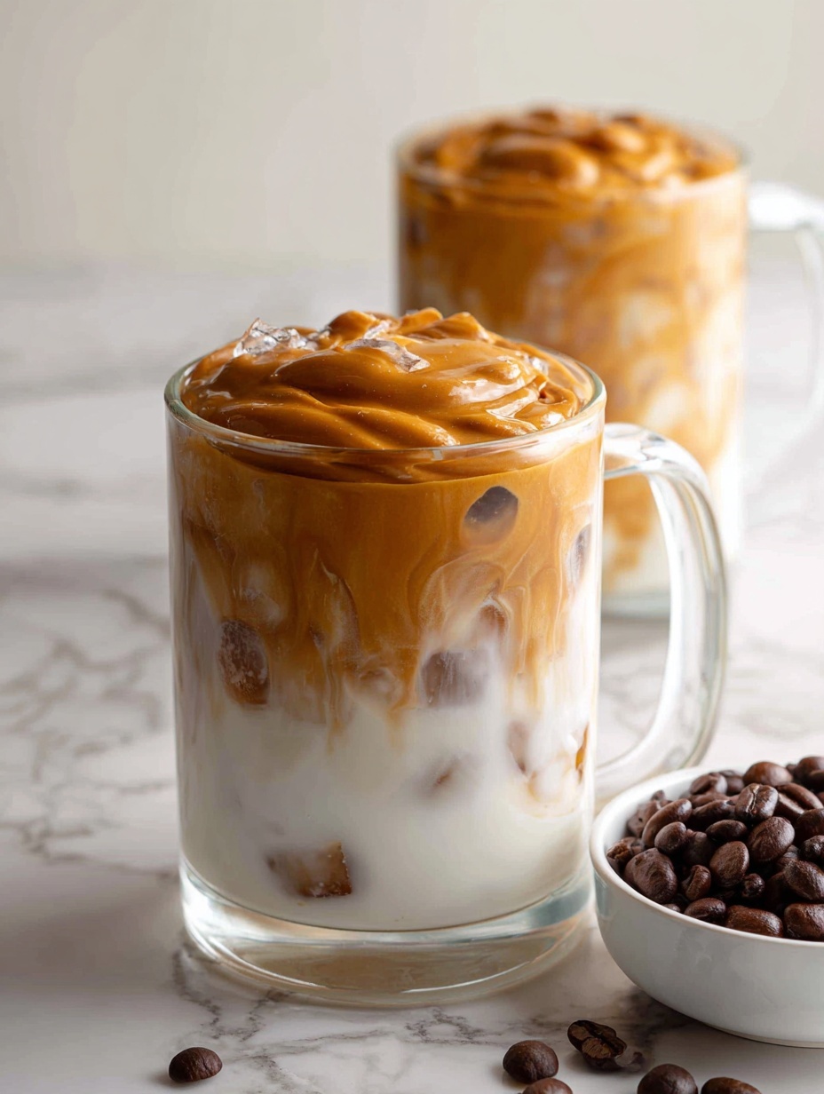 The image shows two clear glass mugs filled with a three-layer drink on a white marbled surface. The bottom layer is white milk with ice cubes visible inside. The middle part has a light brown coffee swirled into the milk, creating a marbled effect. On top, there is a thick, whipped, creamy layer of light brown coffee foam, slightly spilling over the edges. In the background are a few scattered coffee beans and a white bowl filled with more coffee beans, softly out of focus. Photo taken with an iphone --ar 2:3 --v 7
