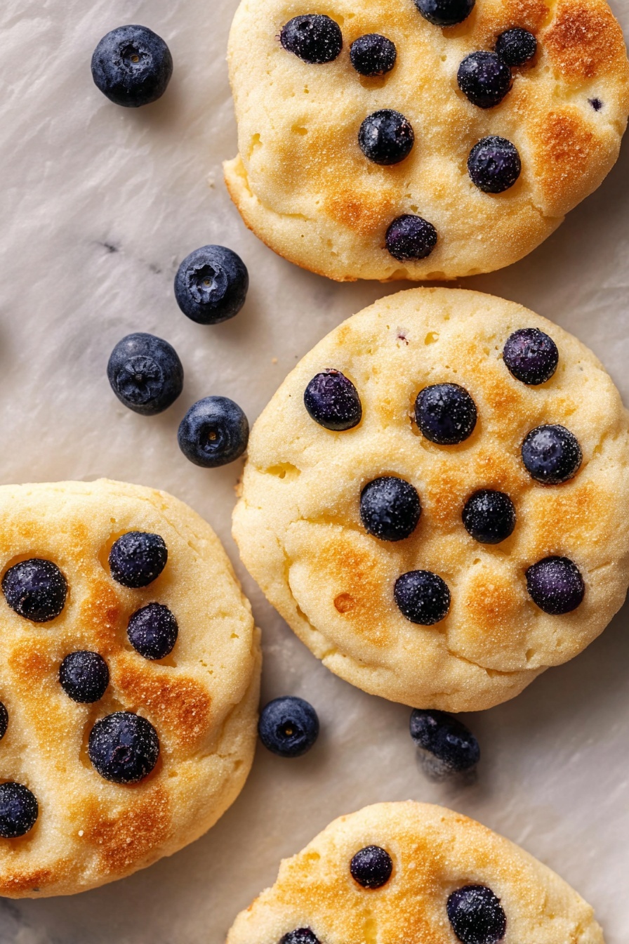 The image shows a close-up of several small golden-brown, round cloud-like cakes with a puffy, airy texture. Each cake has whole blueberries scattered on top, showing deep purple-blue colors that stand out against the light, fluffy cake base. The edges of the cakes are irregular and slightly crisp, and the cakes rest on a wooden surface with a few loose blueberries placed around them. Photo taken with an iphone --ar 2:3 --v 7