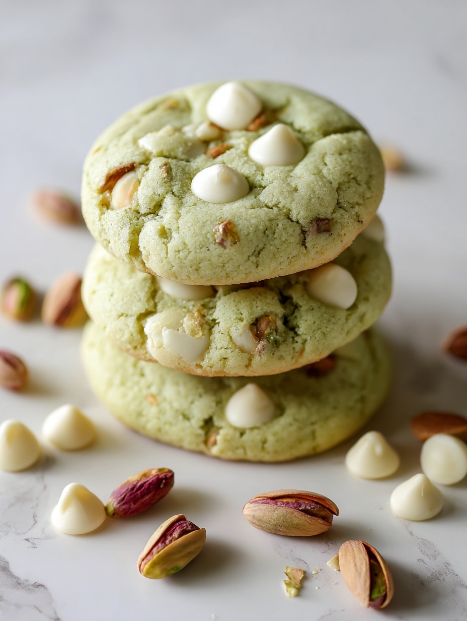 A stack of four thick, soft green cookies with a slightly rough texture sits on a white marbled surface. Each cookie layer is studded with white chocolate chips and pieces of pistachio nuts, adding small white and brown-green spots throughout the cookies. The cookies have a slightly uneven, homemade look with gentle cracks and folds. Scattered near the bottom are some loose white chocolate chips and whole pistachio nuts for decoration. Photo taken with an iphone --ar 2:3 --v 7