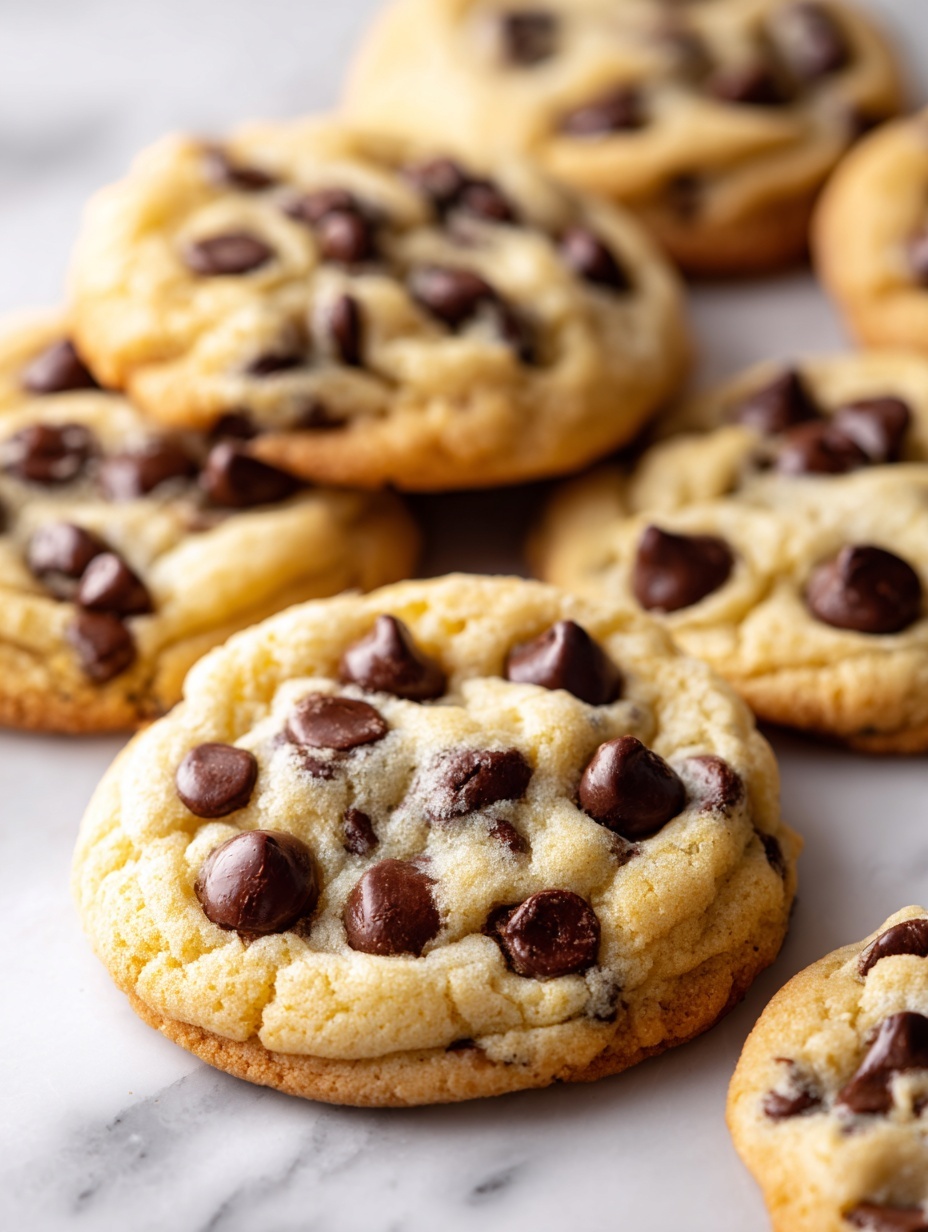 The image shows a close-up of soft chocolate chip cookies on a white tray, each cookie having one layer of light golden dough with a cracked, slightly crispy edge and a softer center. The cookies are dotted with shiny, dark chocolate chips that sit unevenly on the surface, some slightly melted. The tray rests on a white marbled textured surface seen faintly in the corner. photo taken with an iphone --ar 2:3 --v 7