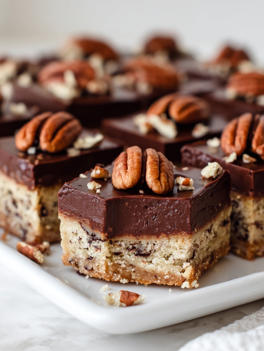 A white square baking pan holds a batch of cut dessert bars arranged in a neat grid. Each bar has two layers: the bottom layer is thick and light brown with a crumbly, nut-studded texture showing visible chocolate chips, while the top layer is a glossy dark brown chocolate coating. On top of the chocolate, each bar is decorated with a whole pecan half and small pieces of chopped pecans scattered across the surface. The background is a white marbled texture. Photo taken with an iphone --ar 2:3 --v 7
