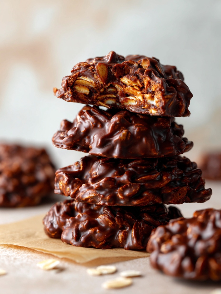 A white speckled round dish holds a layer of brown parchment paper, resting on a white marbled surface. On top of the parchment paper, there is a cluster of nine round chocolate oat cookies closely arranged, almost touching each other. The cookies have a rough texture made up of dark brown chocolate and slightly lighter brown oat flakes spread evenly across their surface, giving a shiny and crunchy appearance. The edges of the dish are wavy and add a subtle decorative touch. photo taken with an iphone --ar 2:3 --v 7