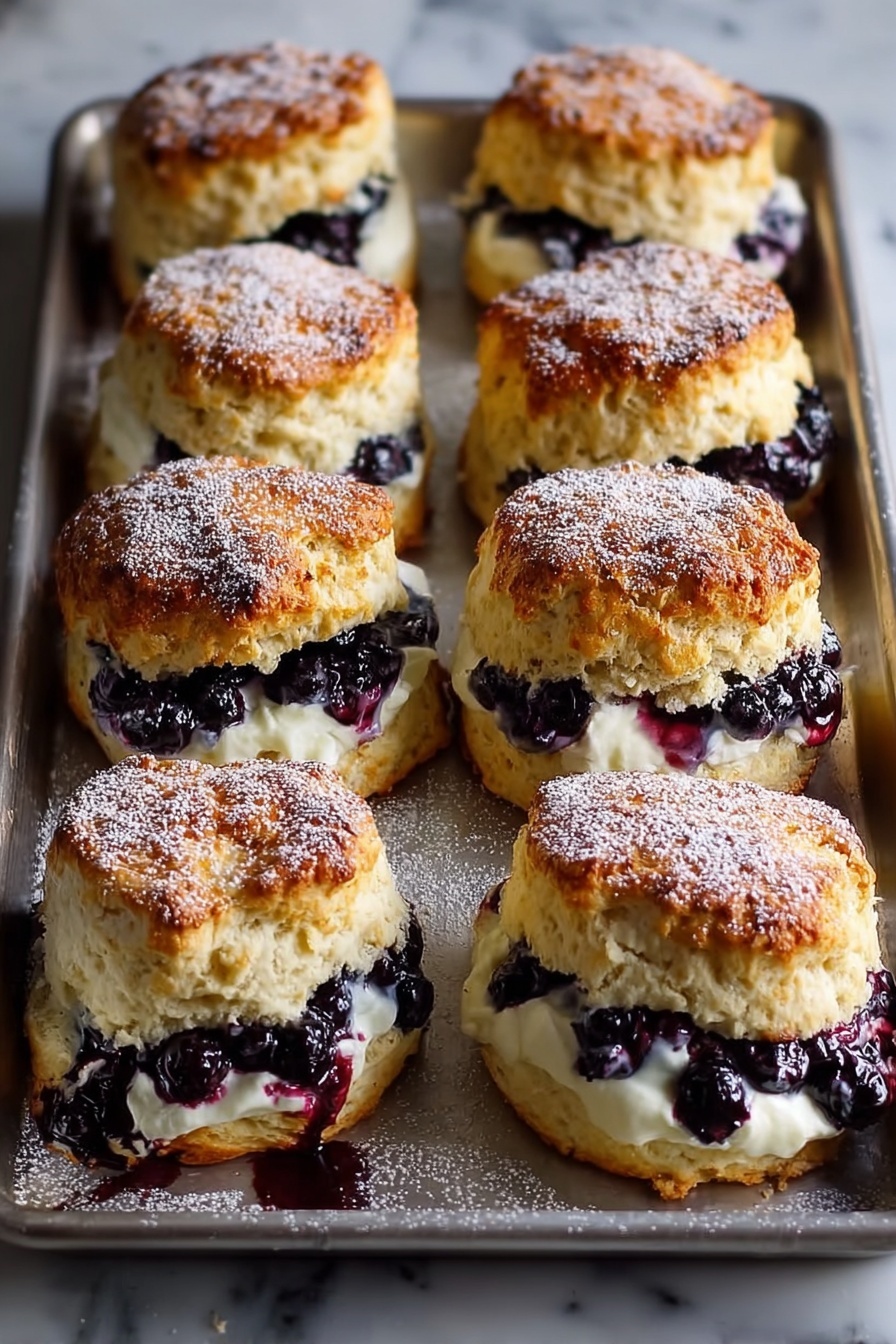 The image shows a stack of blueberry scones with three visible layers: a golden-brown, slightly crispy top layer with a shiny texture, a middle layer filled with juicy dark purple blueberries mixed with creamy white filling, and a bottom layer that is a light golden biscuit base peeking through the melted filling and blueberries. The scones are placed closely together on a white plate with a slightly raised edge, and in the background, a blue cup filled with dark coffee is partially visible. The whole scene is set on a white marbled surface that contrasts with the warm colors of the scones, photo taken with an iphone --ar 2:3 --v 7