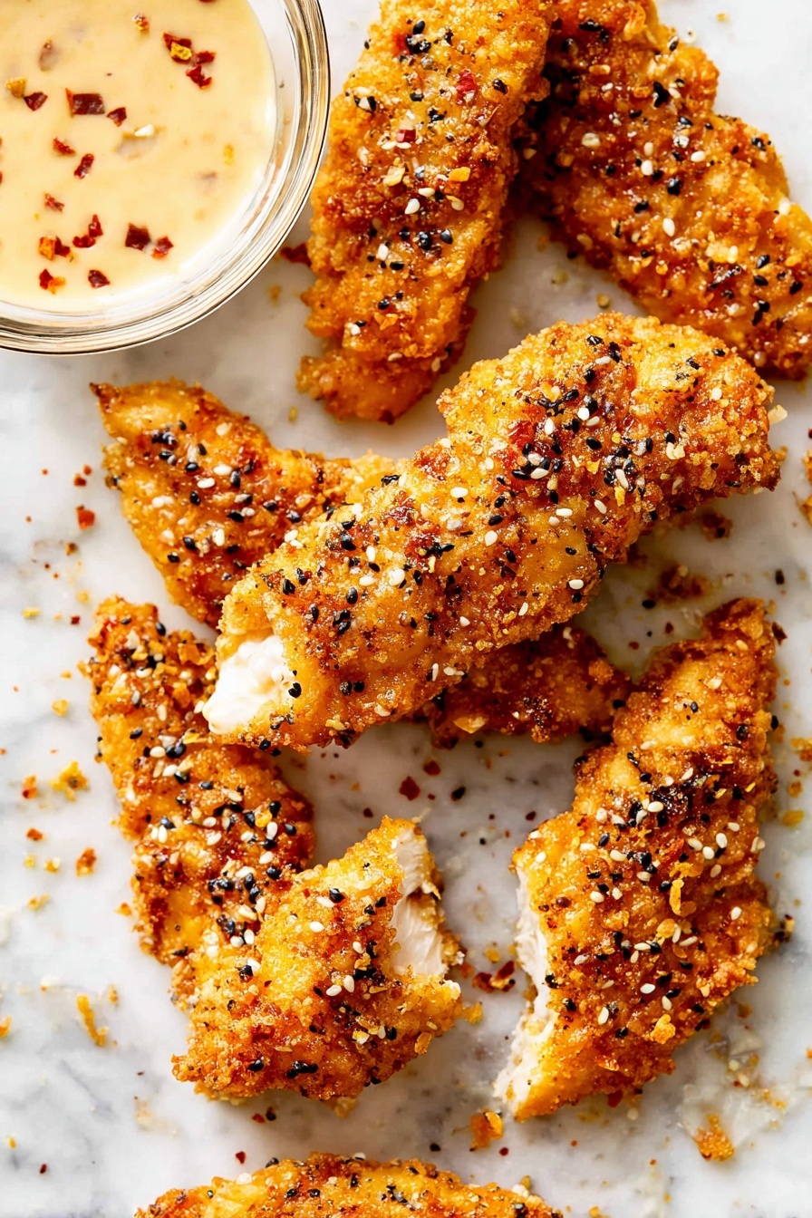 The image shows several pieces of crispy, golden-brown fried chicken tenders scattered on a white marbled surface dusted with coarse salt and black and white sesame seeds. The tenders have a crunchy, textured coating with small bits of seasoning visible on top. In the upper right corner, a small clear glass bowl filled with a creamy, light tan dipping sauce is partly visible. The colors in the image range from the warm orange-gold of the chicken to the pale, smooth sauce, all set against the clean white marble background. photo taken with an iphone --ar 2:3 --v 7