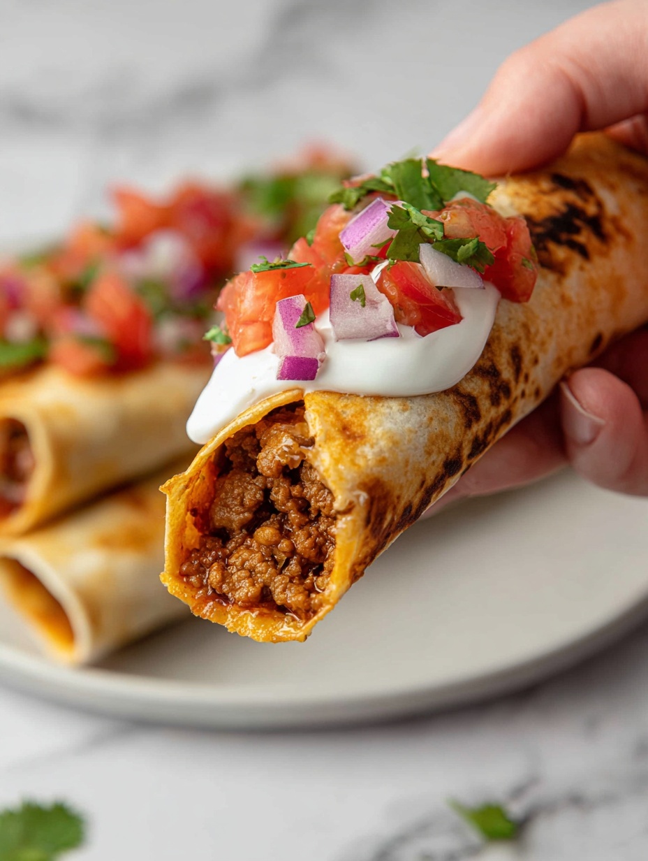 A close-up view of a soft, lightly toasted tortilla wrap held by a woman's hand, showing three main layers: the outer light golden-brown tortilla with some darker toasted spots, a thick inner layer of finely minced cooked meat in a rich brown color, and a topping layer of white sour cream with small pieces of red tomato, purple onion, and green cilantro sitting on top. The background features more pieces of the wrap and chopped salsa, all set on a white marbled texture. The photo taken with an iphone --ar 2:3 --v 7