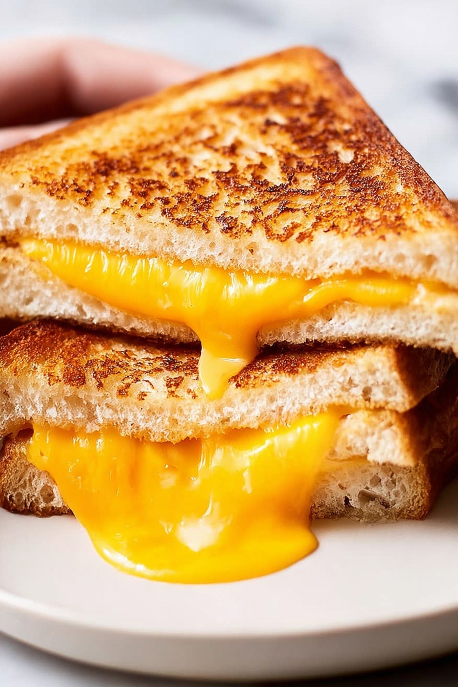 Two toasted sandwich halves stacked on a white plate on a white marbled surface, each sandwich has two slices of golden brown toasted bread with a crunchy texture and a thick, smooth, bright orange melted cheese layer in the middle. The cheese is melting and oozing out from the edges, showing its creamy texture. The top sandwich is slightly tilted, resting on the bottom sandwich, creating a sense of depth. The photo taken with an iphone --ar 2:3 --v 7