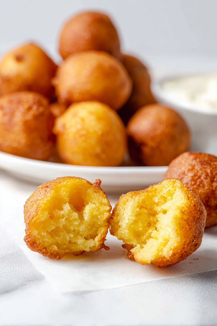 A white plate filled with round golden brown fried cornmeal balls, some are whole while one in the front is broken open showing a soft, crumbly yellow inside. The cornmeal balls have a rough, crispy texture on the outside with a warm color gradient from light yellow to deeper golden brown. The plate sits on a white marbled surface, and there is a blurred background of more cornmeal balls on another white plate. Photo taken with an iphone --ar 2:3 --v 7