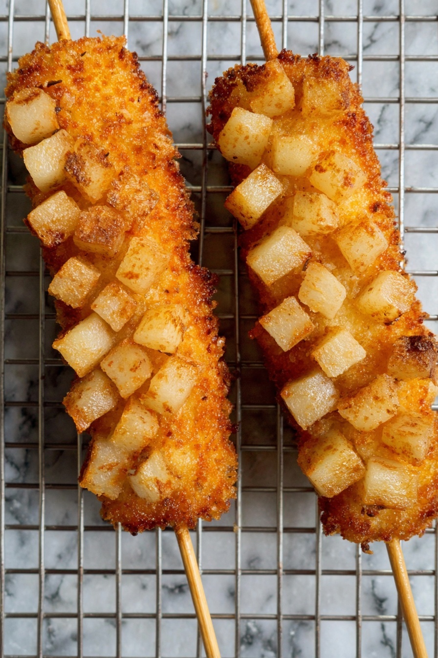 Two corn dogs are shown on a metal cooling rack set over a white marbled surface. Each corn dog is covered in a golden brown, crispy batter with small light beige potato cubes stuck evenly over the surface, giving a textured, bumpy look. The potato pieces are similar in size and neatly placed to almost cover the whole exterior of the corn dogs. The corn dogs are on light wooden sticks pointing downward out of the image frame. The photo taken with an iphone --ar 2:3 --v 7