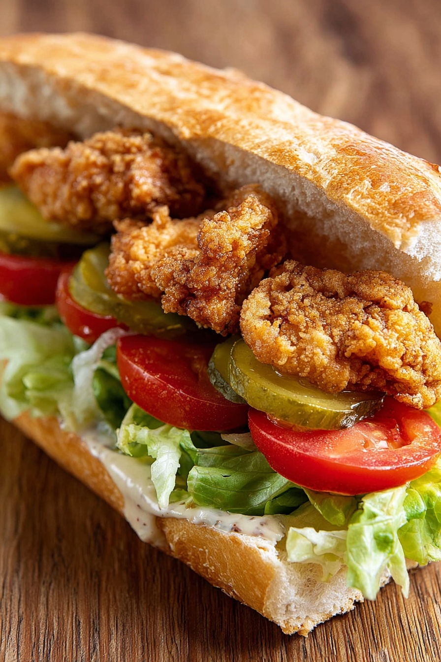 A white plate holds an open sandwich with two sides of a long roll. On the left side, there is a layer of light green shredded lettuce, followed by three greenish-yellow pickle slices, and two bright red tomato slices on top. On the right side, there is a layer of light beige sauce spread on the bread, topped with five golden brown fried shrimp. The plate rests on a white marbled surface, with another white plate of more golden fried shrimp slightly visible at the top left and a white bowl of creamy sauce with a spoon at the bottom right. A striped blue and white cloth is partly visible at the bottom. Photo taken with an iphone --ar 2:3 --v 7