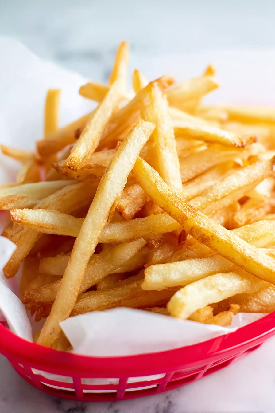 A red basket lined with white paper holds a pile of thin, light golden-yellow French fries. Each fry is long, straight, and crisp looking with a slightly oily texture. The basket is placed on a white marbled surface, and the background is softly blurred with cool grey tones. The fries fill the basket fully, creating a layered effect with fries crossing over each other in different directions. photo taken with an iphone --ar 2:3 --v 7