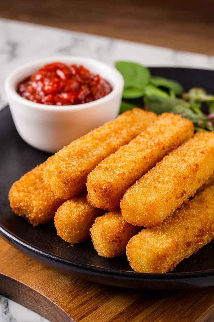 A round black plate holds ten golden-brown crispy sticks arranged in two layers, with six sticks on the bottom and four on top, each stick having a crunchy texture and a uniform shape. At the back left side of the plate, a small white bowl filled with bright red chunky sauce adds a pop of color, and to the back right, a small bunch of fresh green leafy herbs brings freshness to the presentation. The plate is set on a wooden surface with a blurred warm background. Photo taken with an iphone --ar 2:3 --v 7